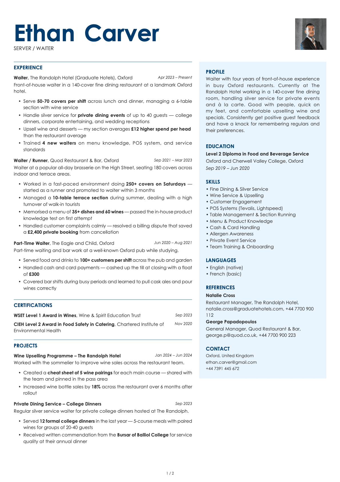 Server / Waiter resume example