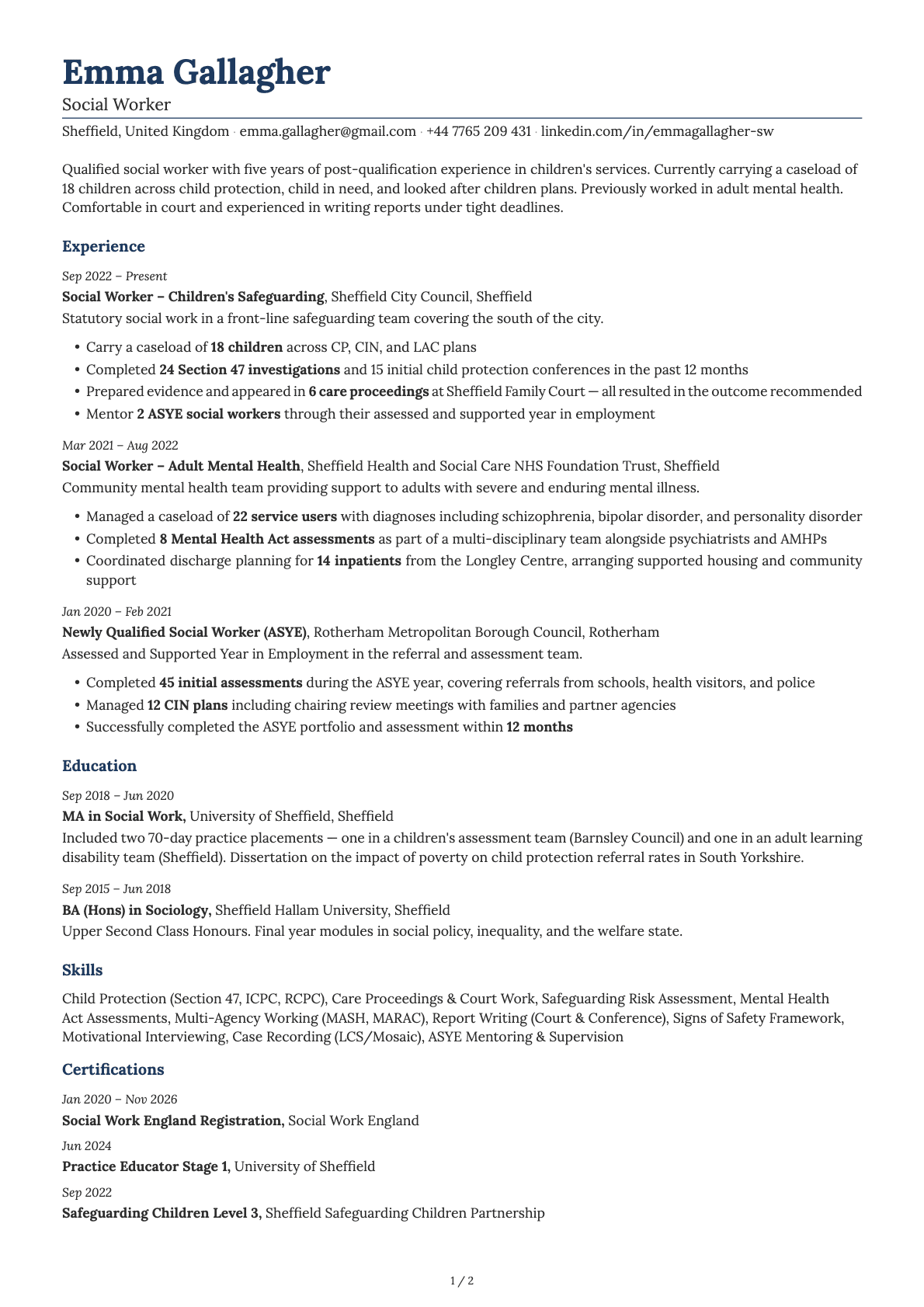 Social Worker resume example
