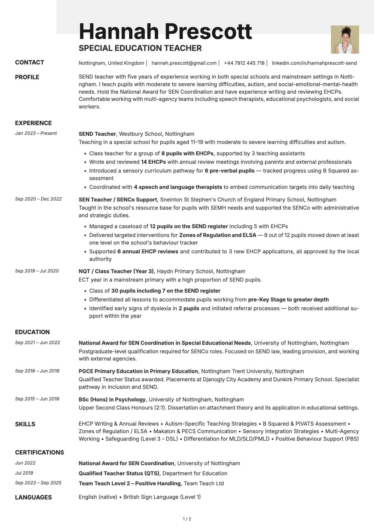 Special Education Teacher resume example