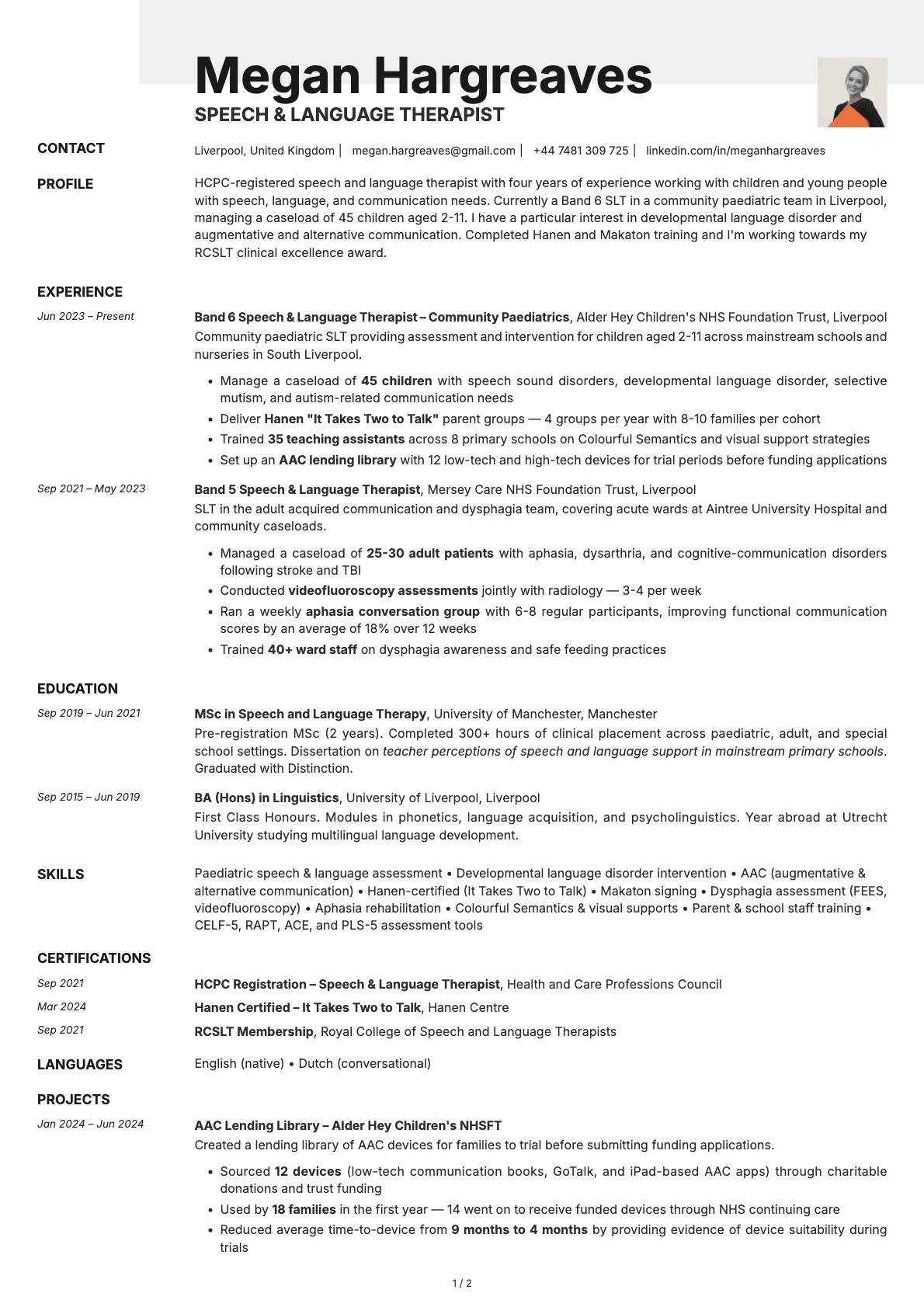Speech & Language Therapist resume example