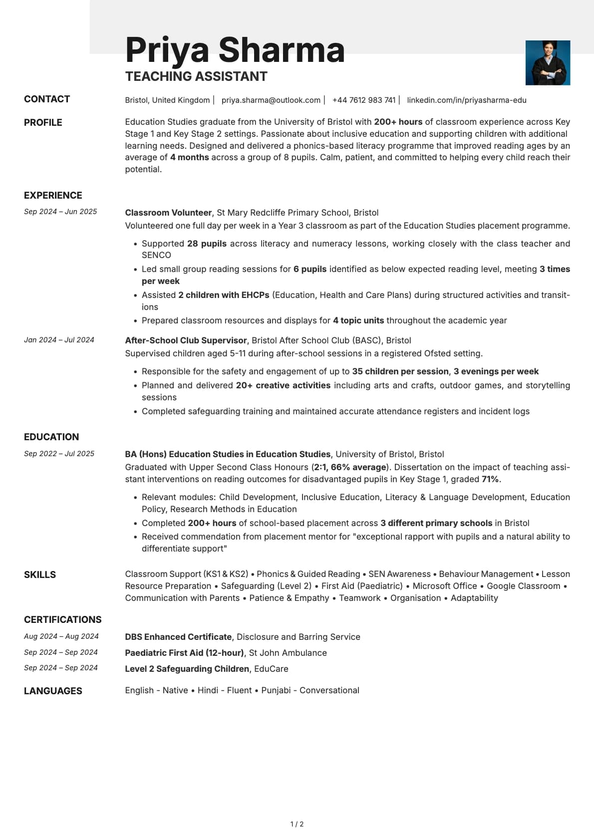 Teaching Assistant resume example