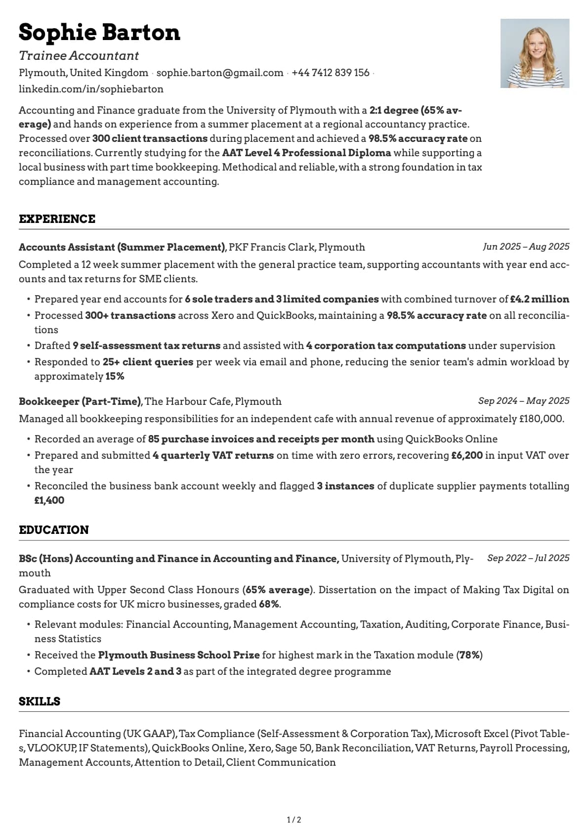 Trainee Accountant resume example