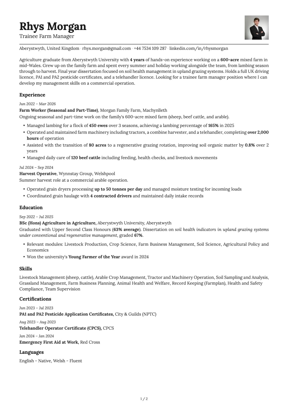 Trainee Farm Manager resume example