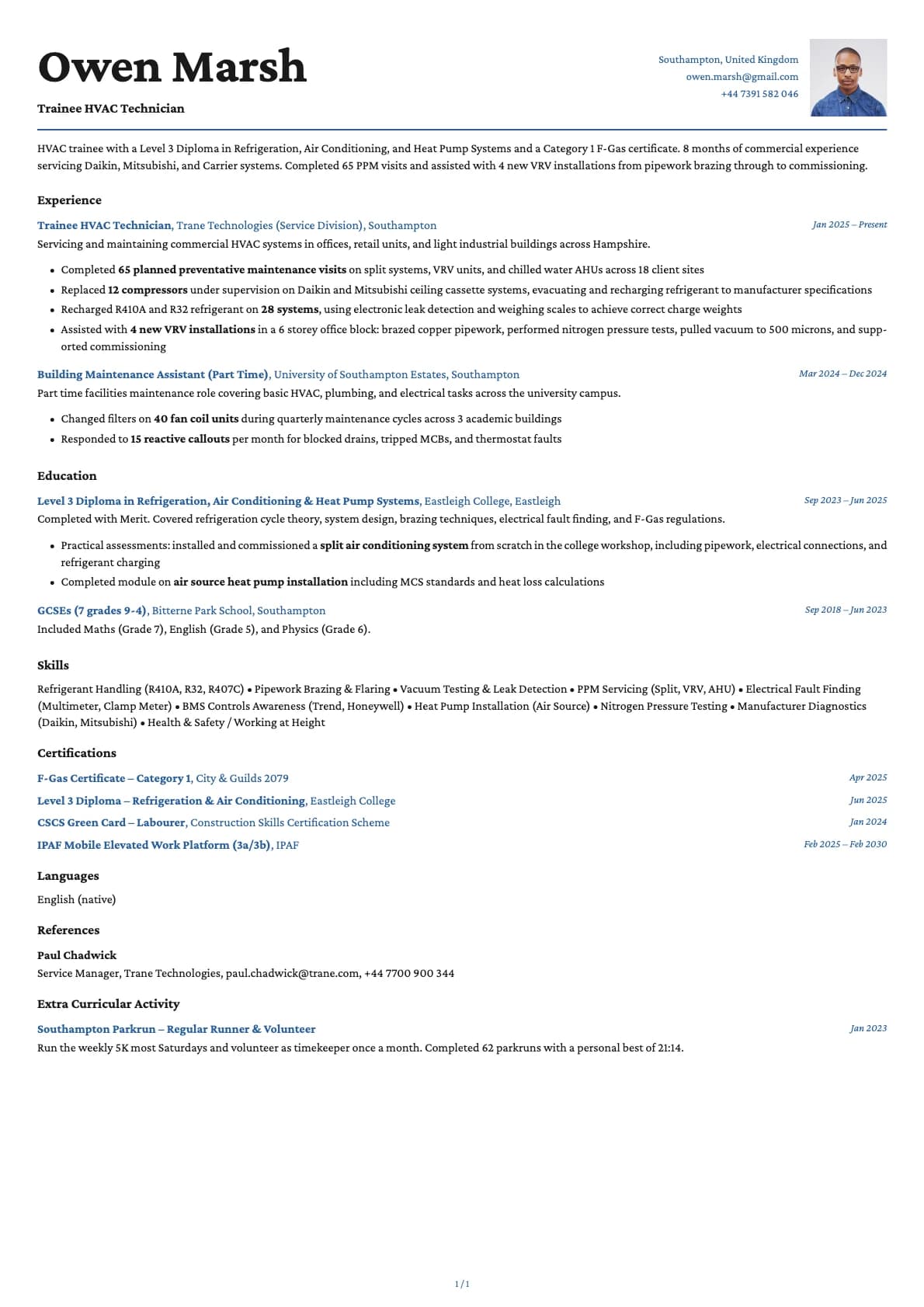 Trainee HVAC Technician resume example