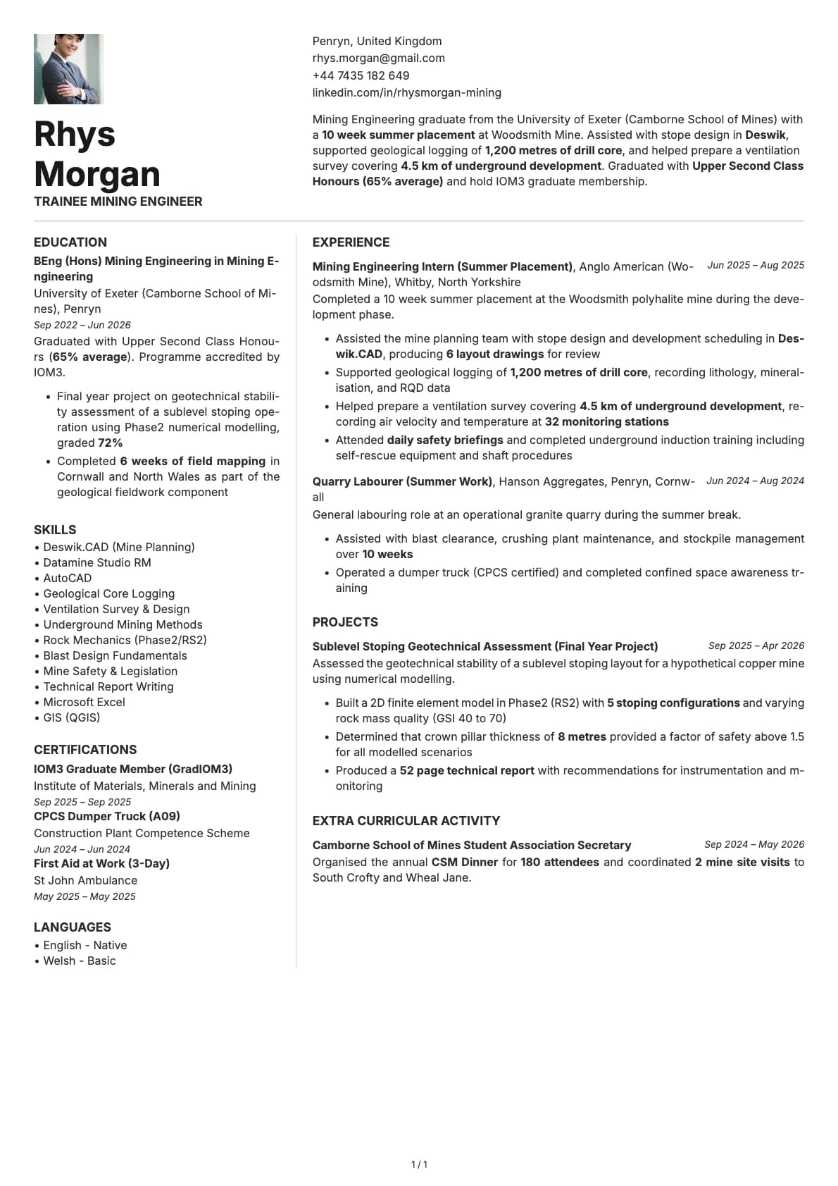 Trainee Mining Engineer resume example
