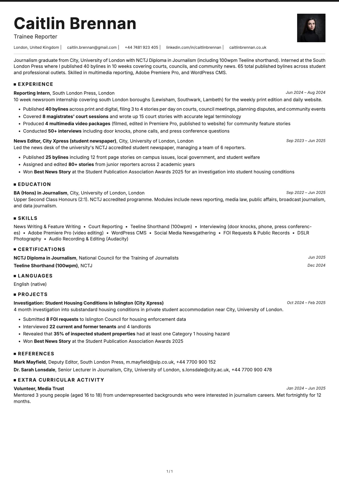 Trainee Reporter resume example