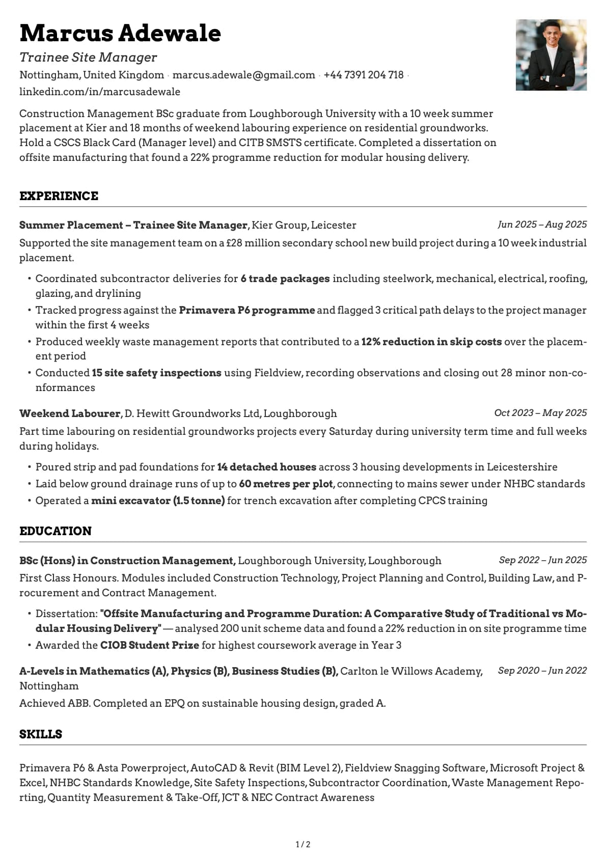 Trainee Site Manager resume example