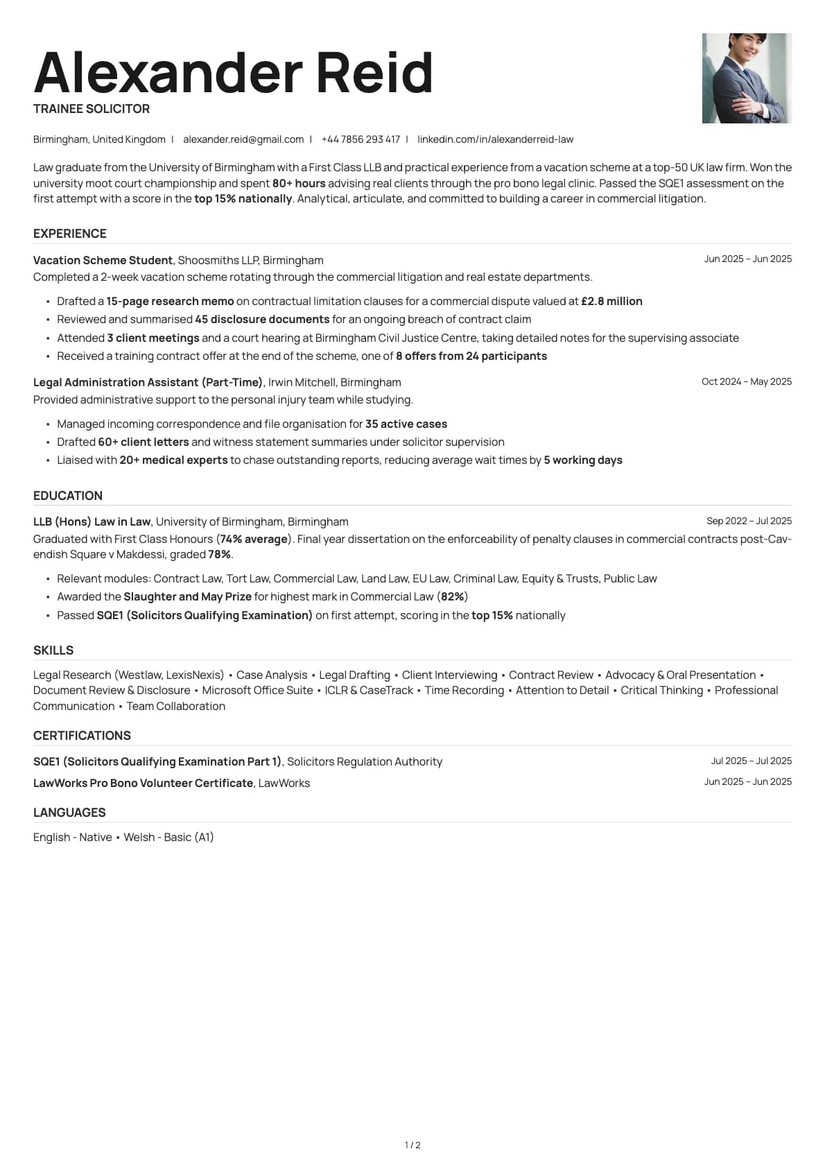 Trainee Solicitor resume example