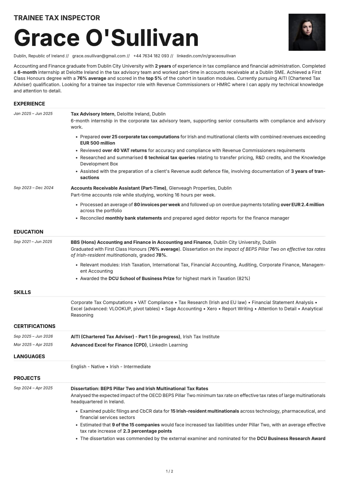 Trainee Tax Inspector resume example