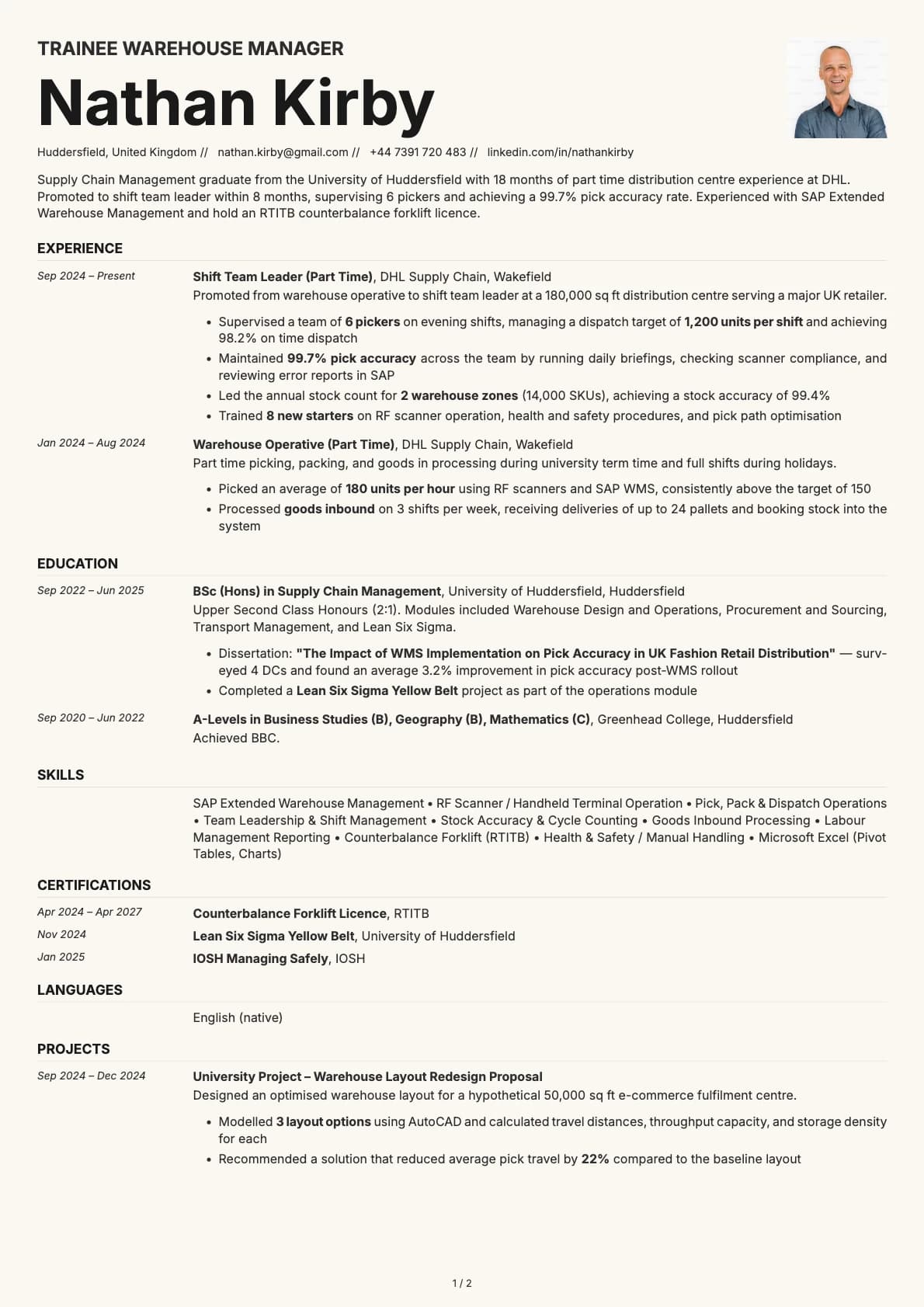Trainee Warehouse Manager resume example