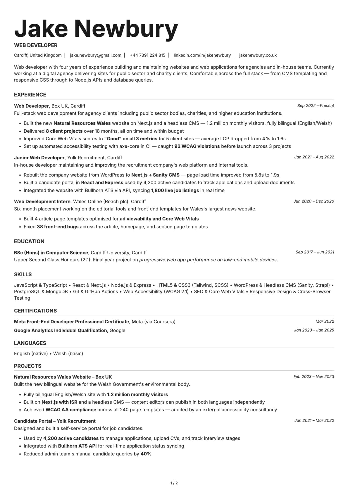Web Developer resume example