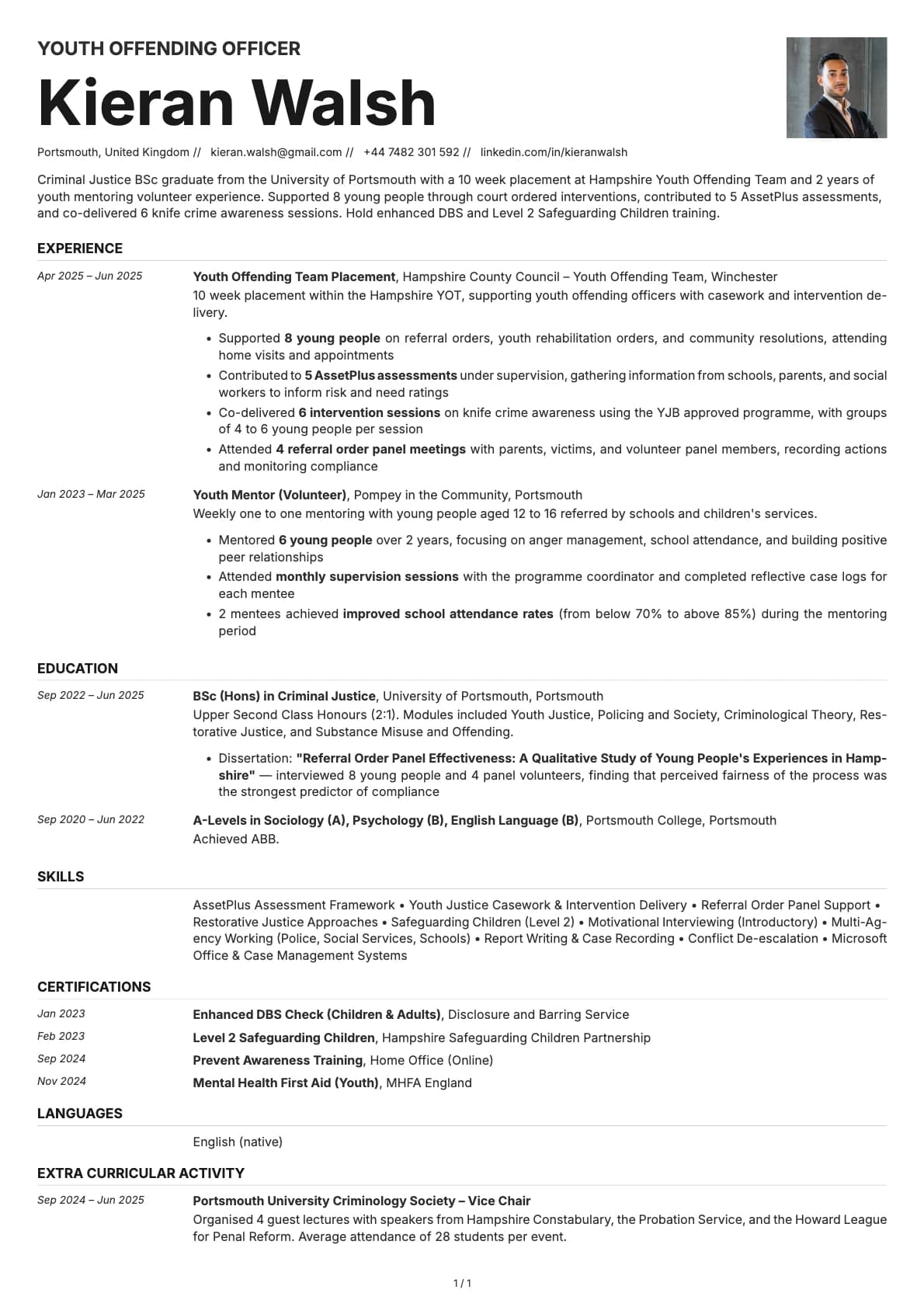 Youth Offending Officer resume example