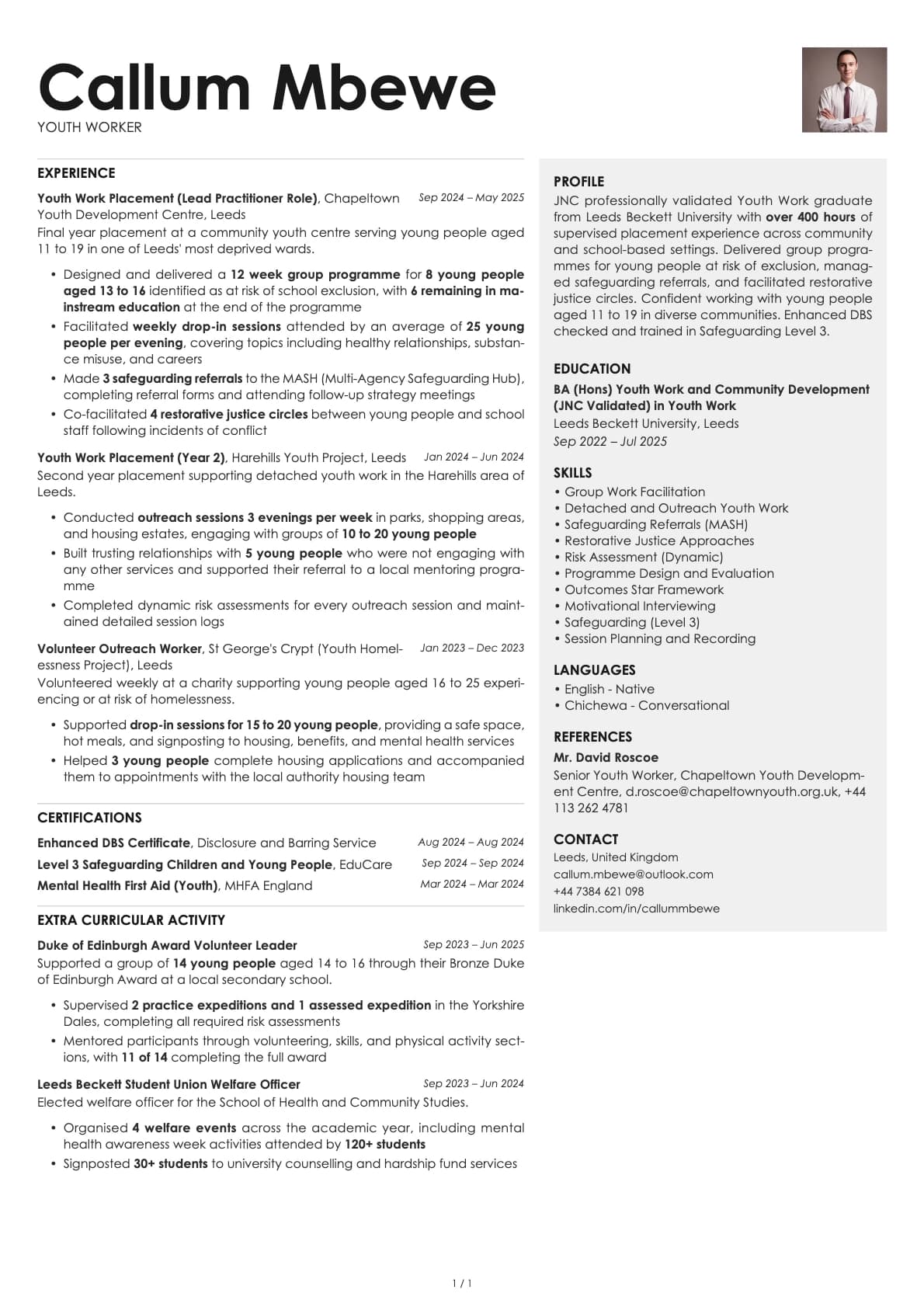 Youth Worker resume example