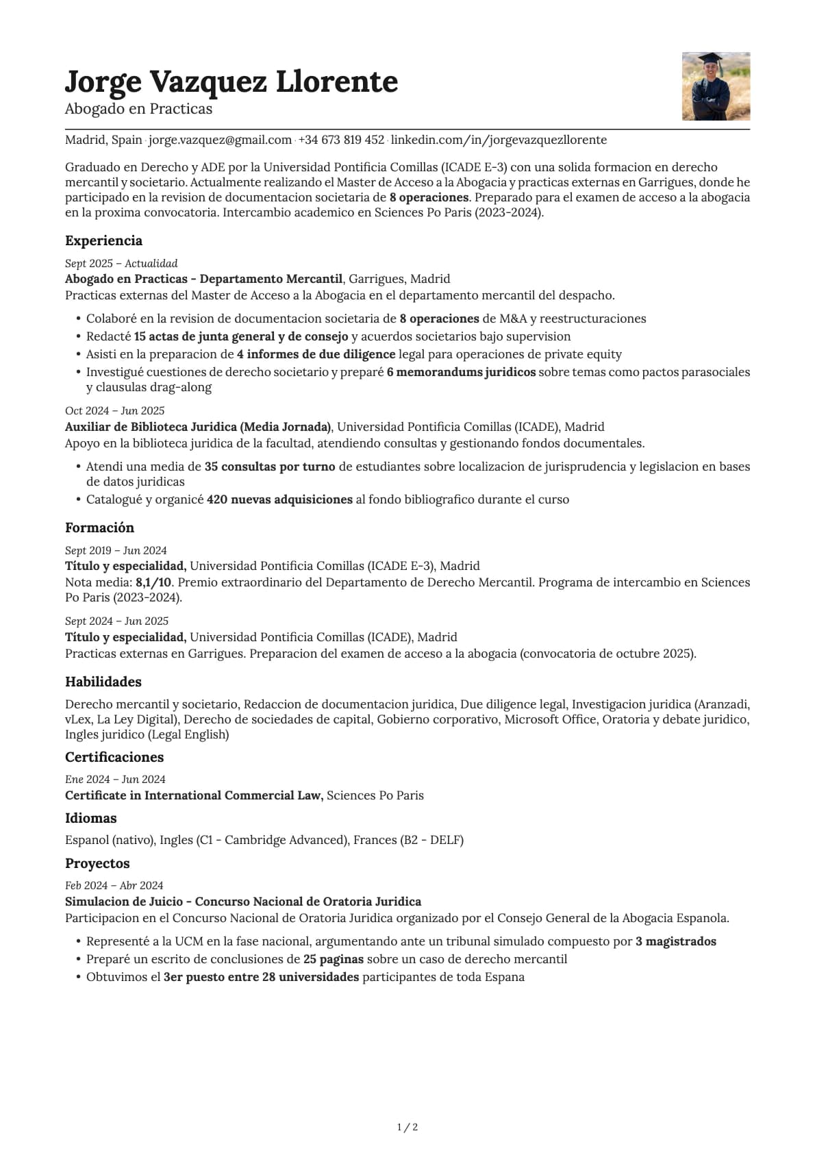 Abogado/a en Prácticas resume example