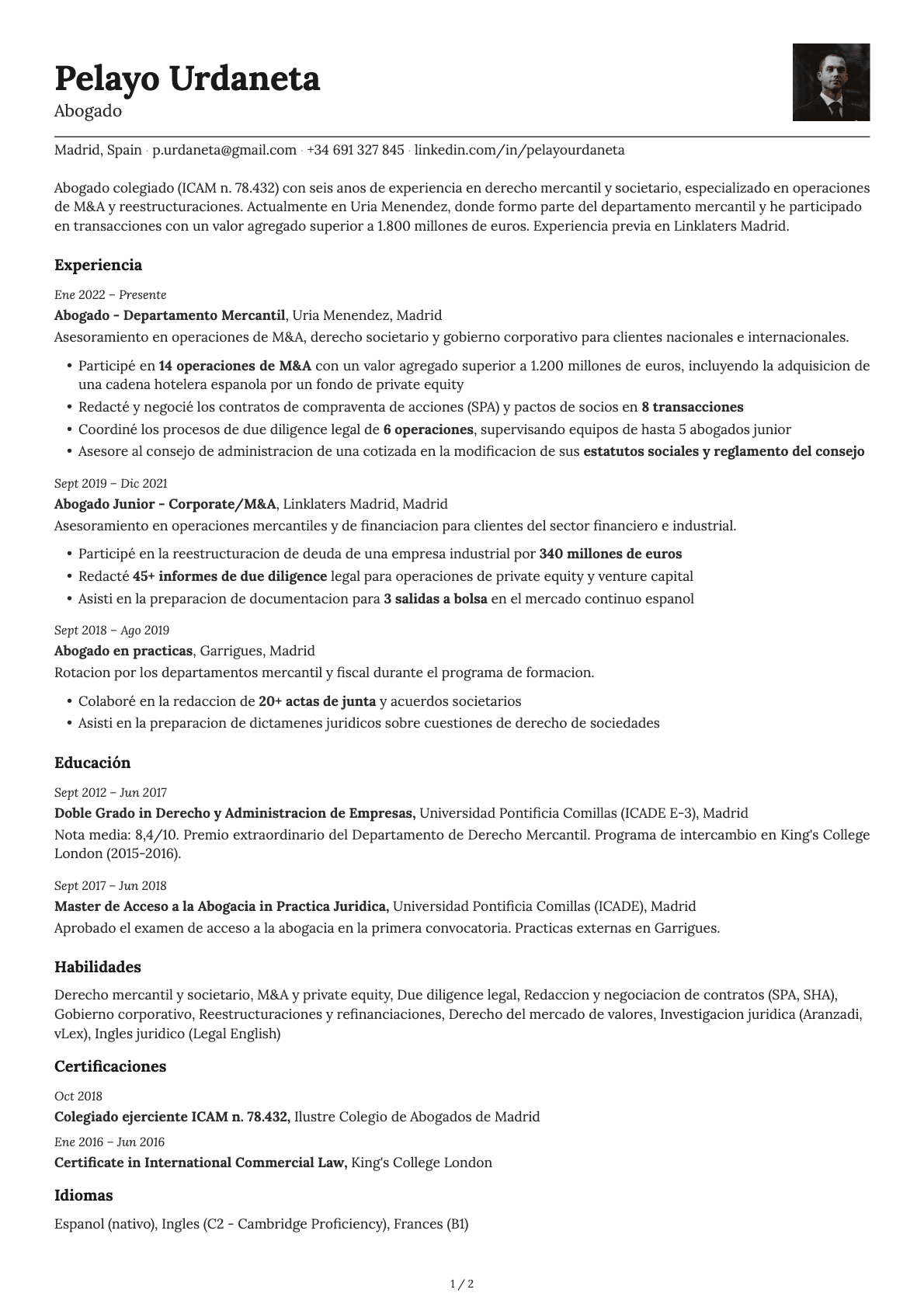 Abogado/a resume example