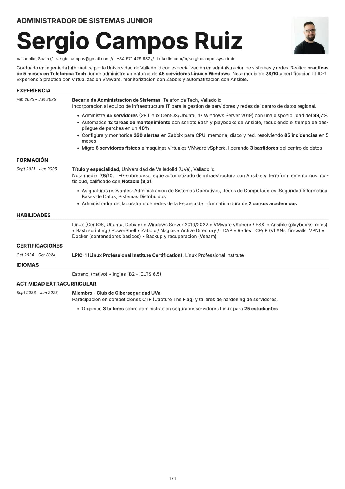 Administrador de Sistemas Junior resume example