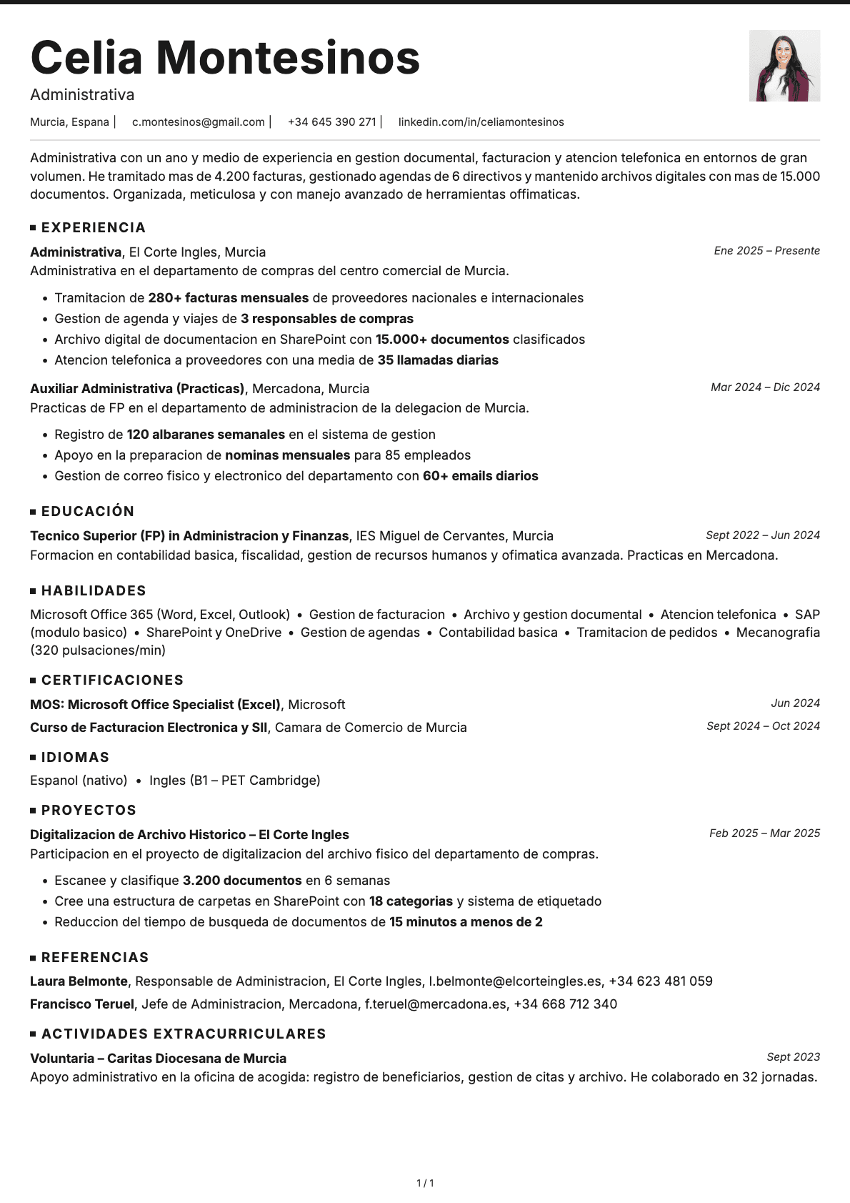 Administrativo/a resume example