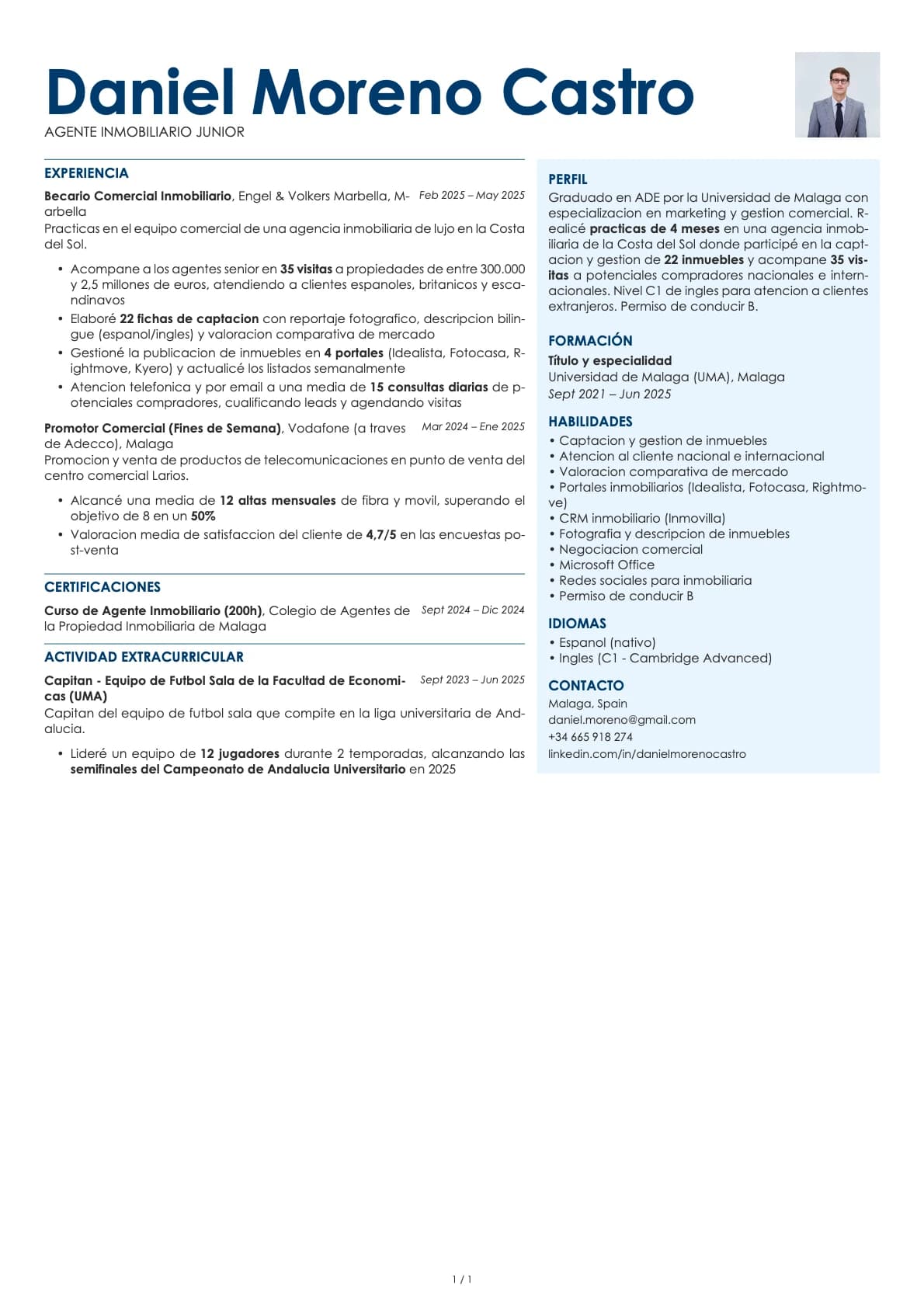 Agente Inmobiliario Junior resume example