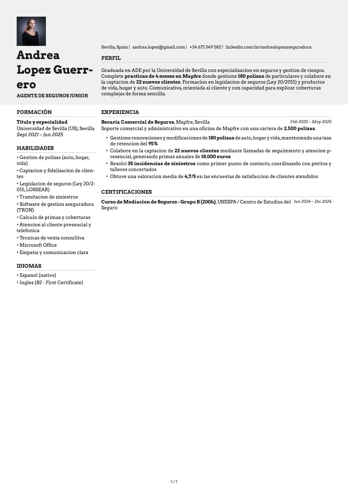 Agente de Seguros Junior resume example