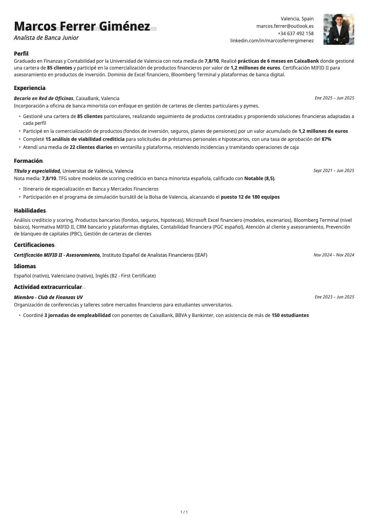 Analista de Banca Junior resume example