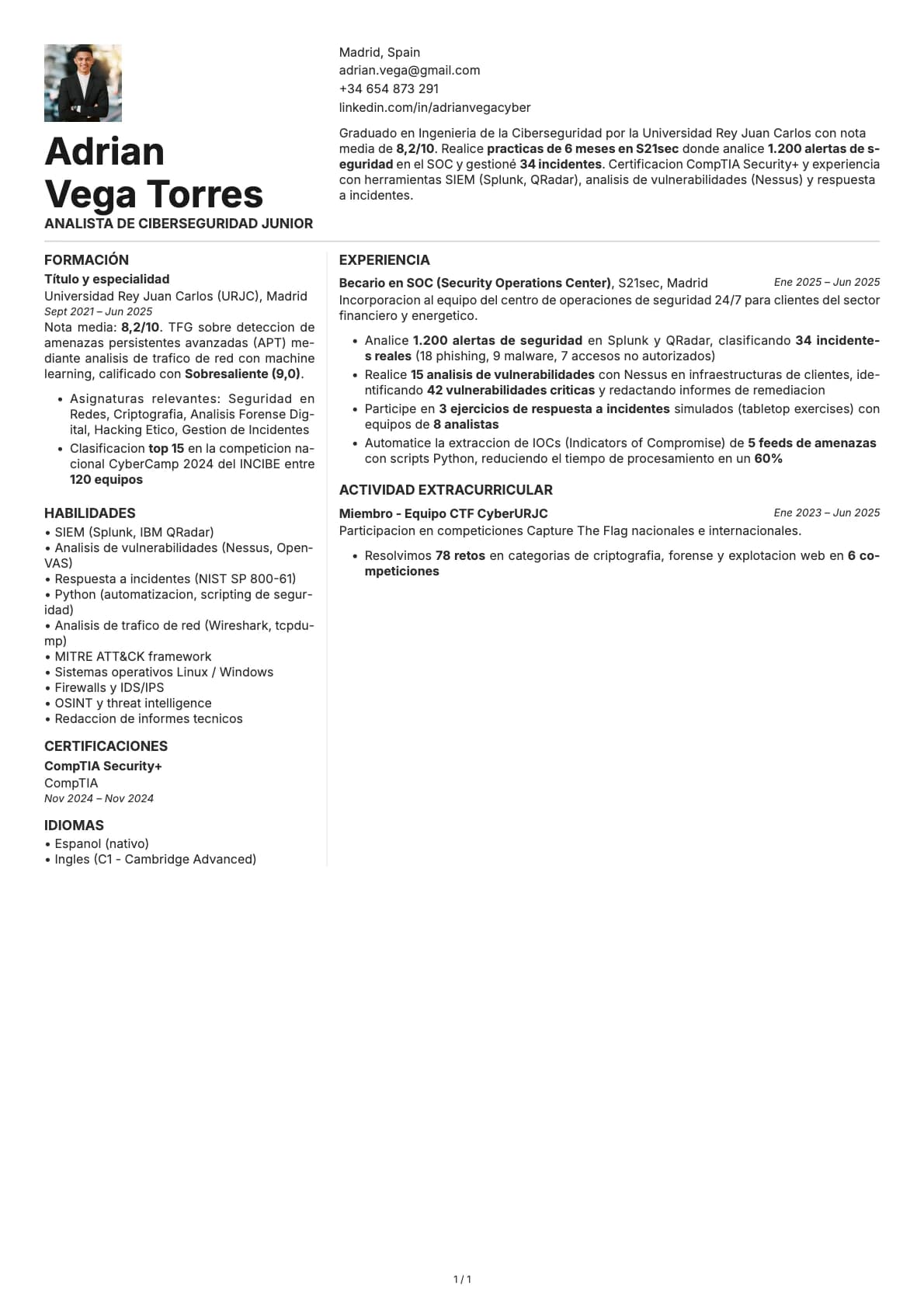 Analista de Ciberseguridad Junior resume example