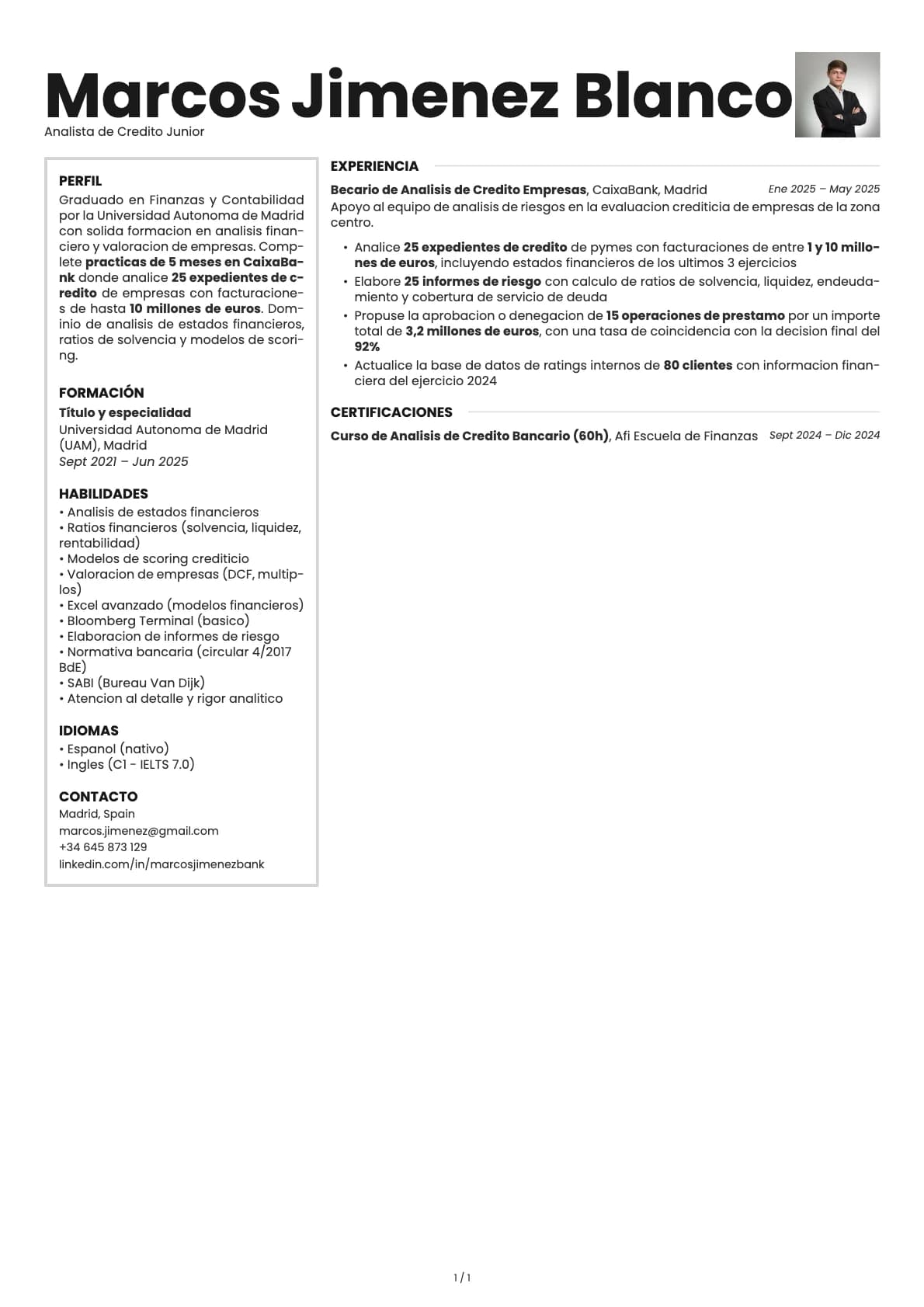Analista de Credito Junior resume example