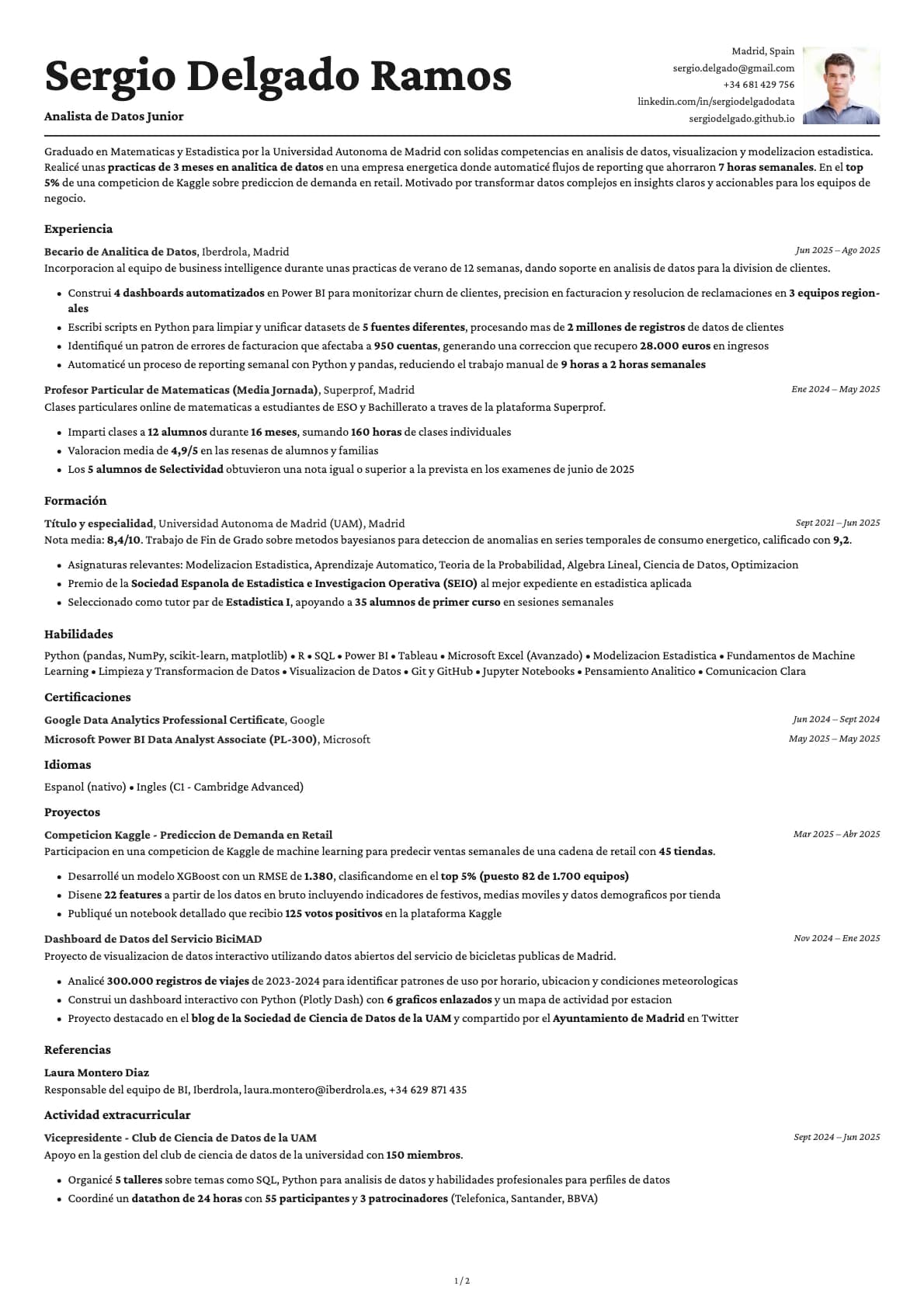 Analista de Datos Junior resume example