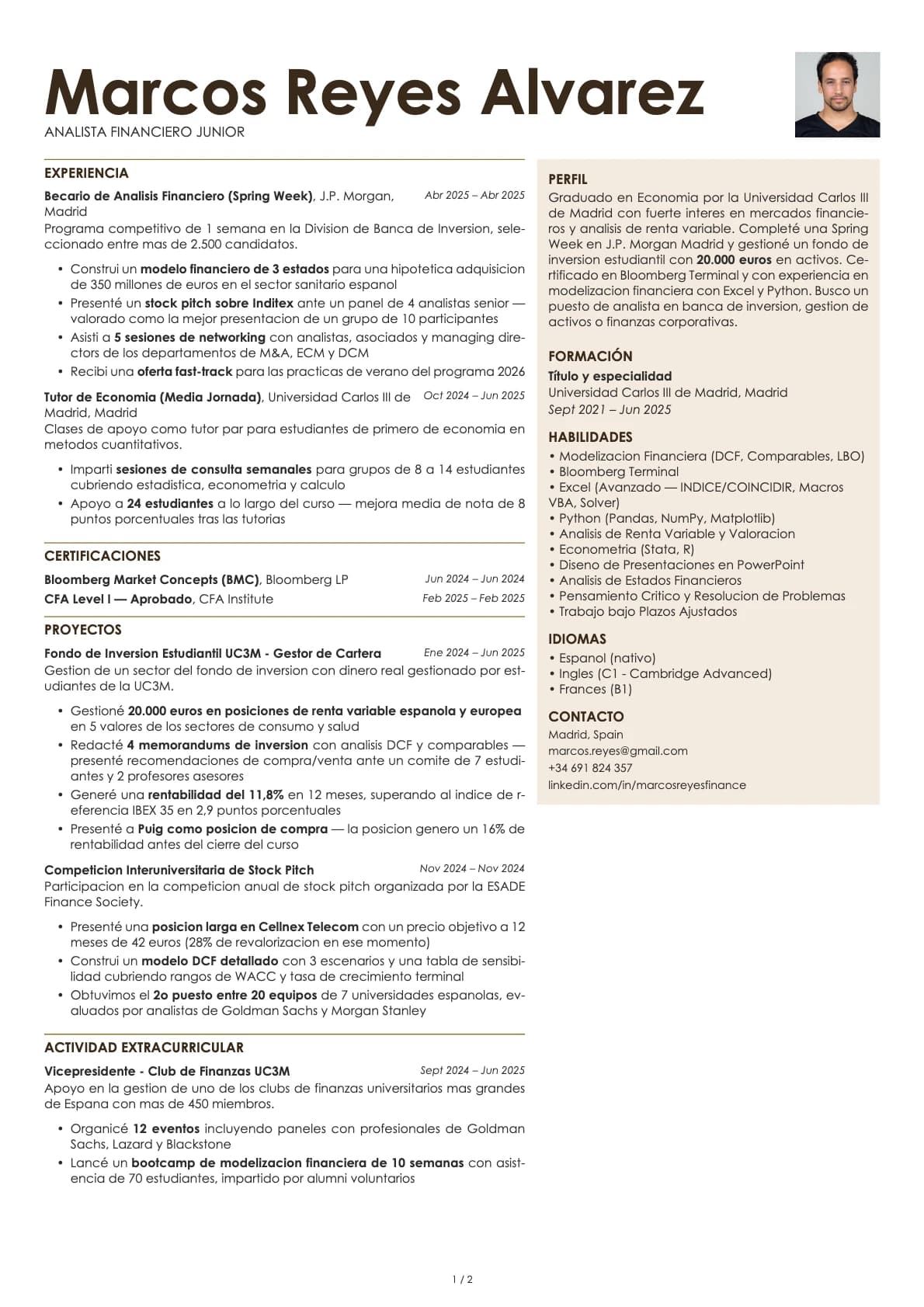 Analista Financiero Junior resume example