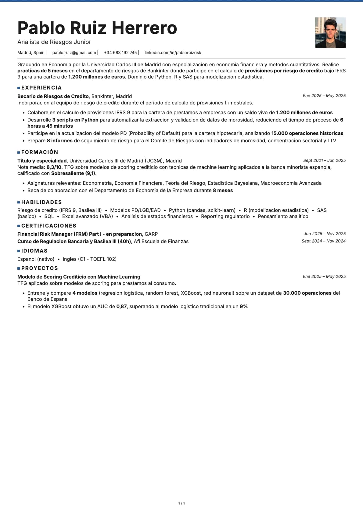 Analista de Riesgos Junior resume example