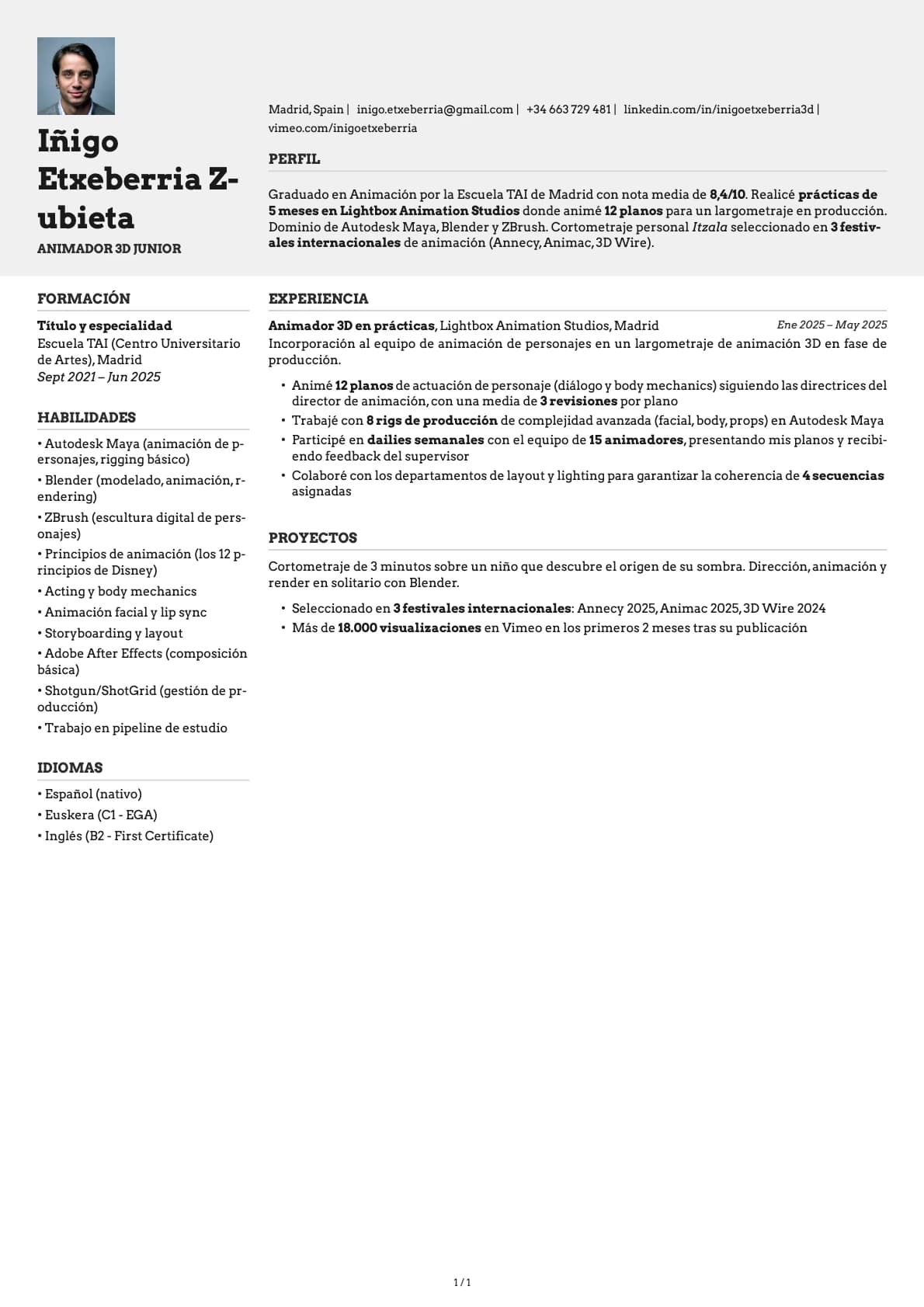 Animador 3D Junior resume example