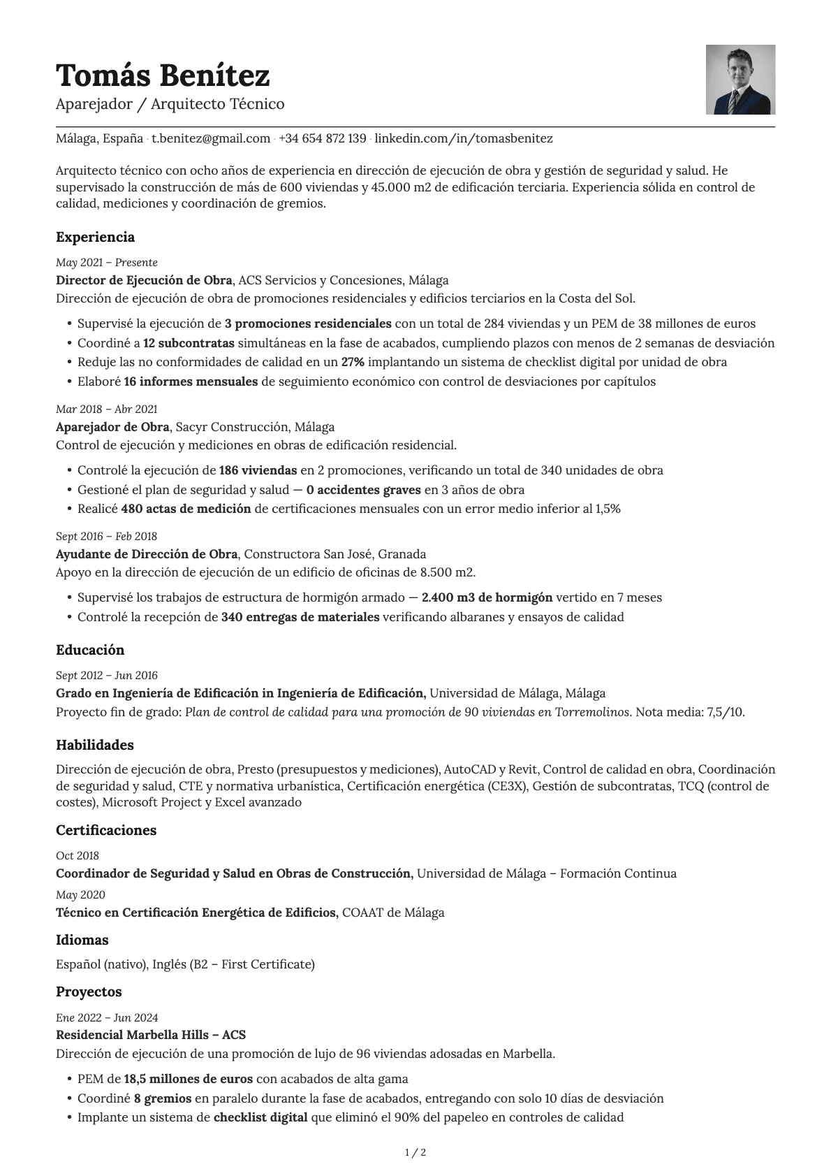 Aparejador / Arquitecto Técnico resume example