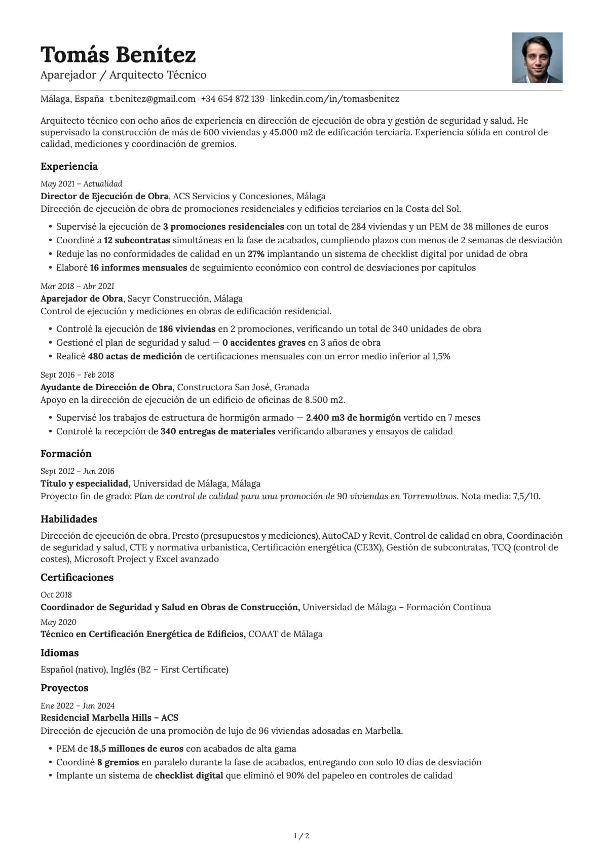 Aparejador / Arquitecto Técnico resume example