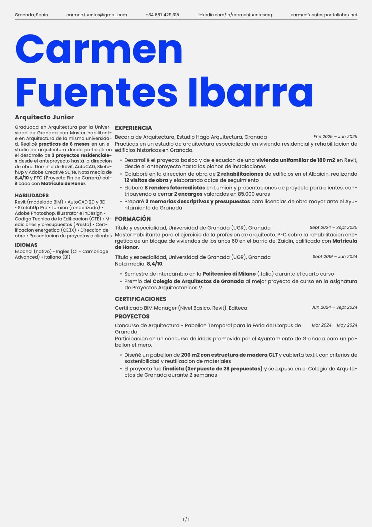 Arquitecto Junior resume example