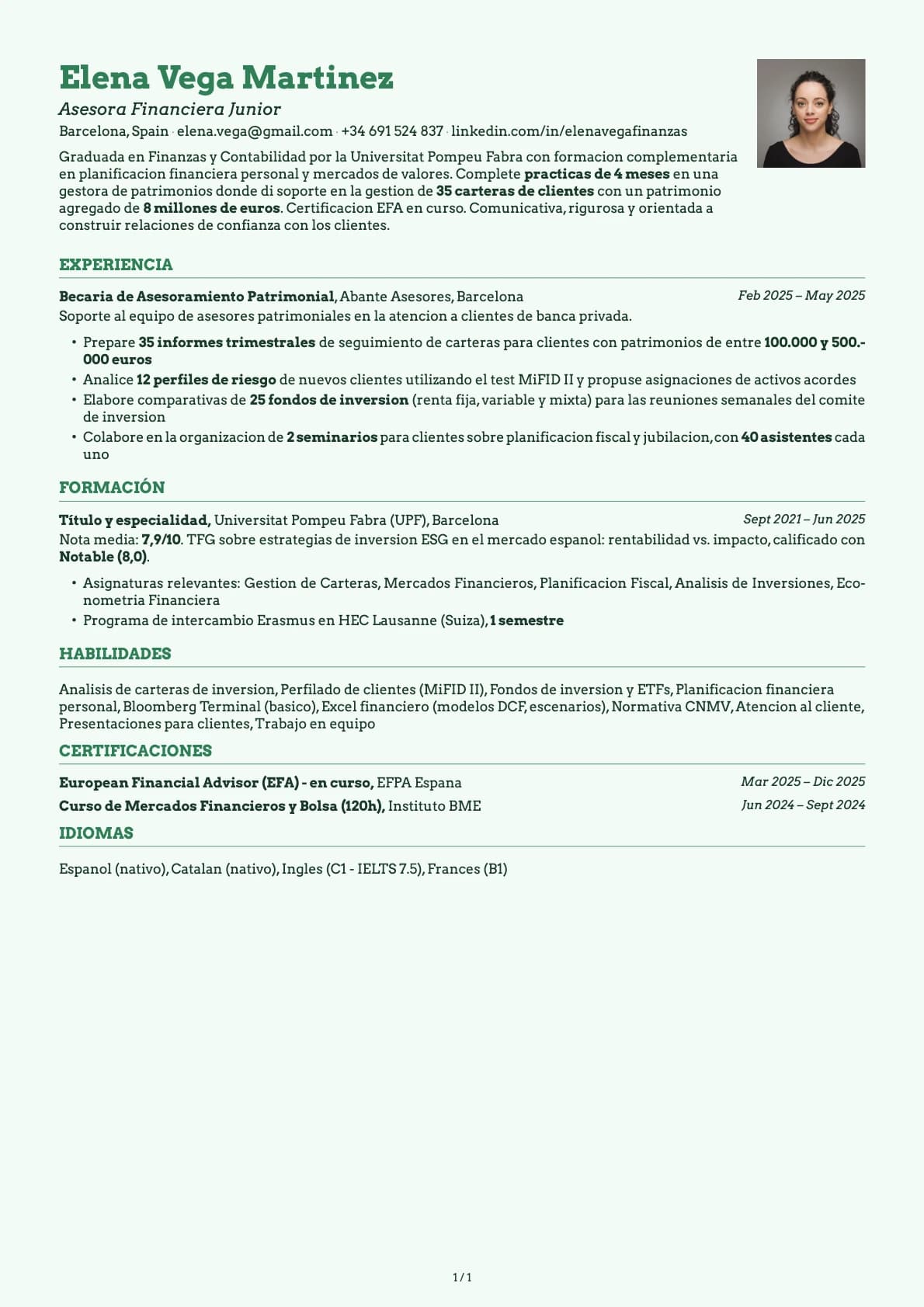 Asesora Financiera Junior resume example