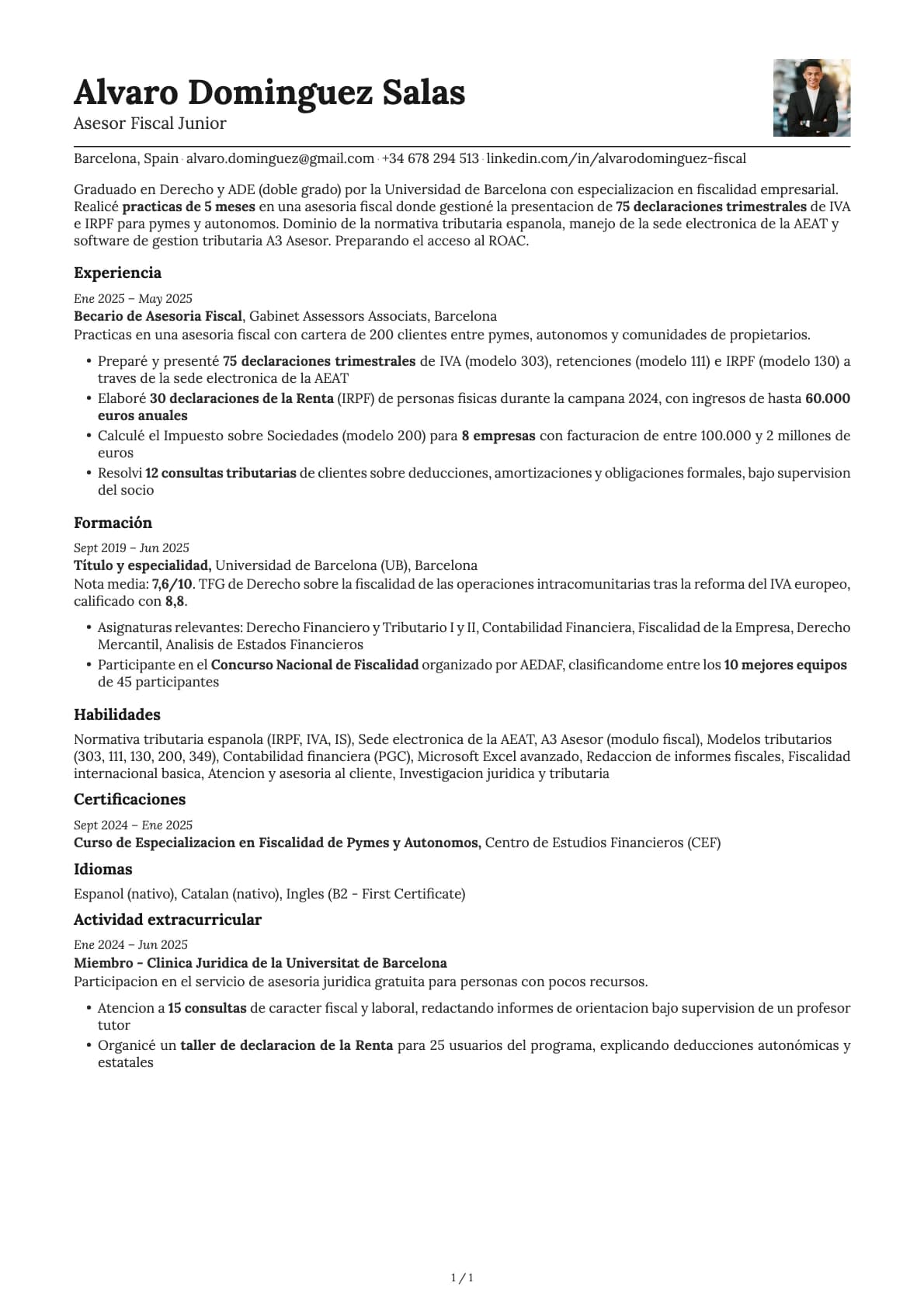 Asesor Fiscal Junior resume example
