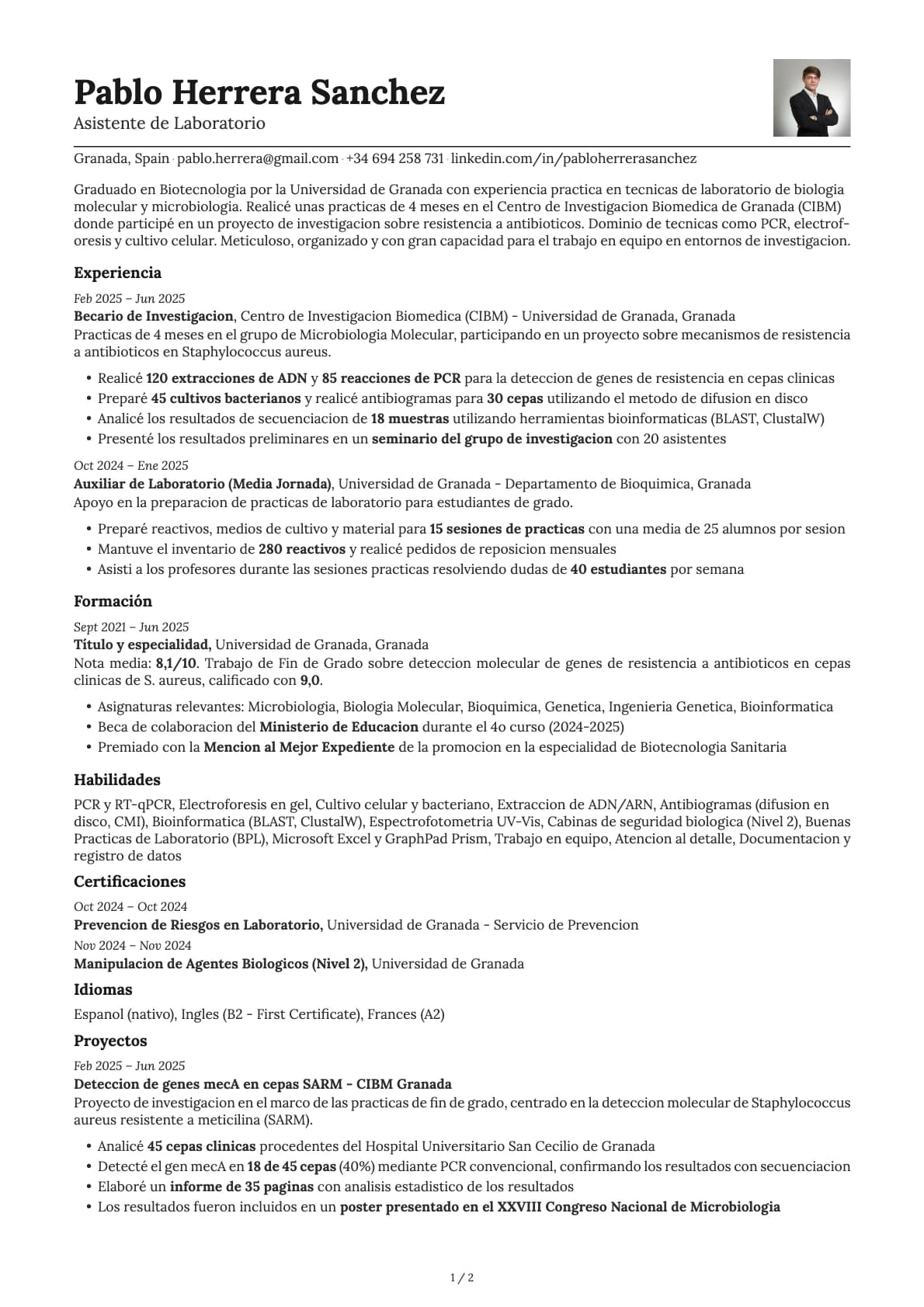 Asistente de Laboratorio resume example