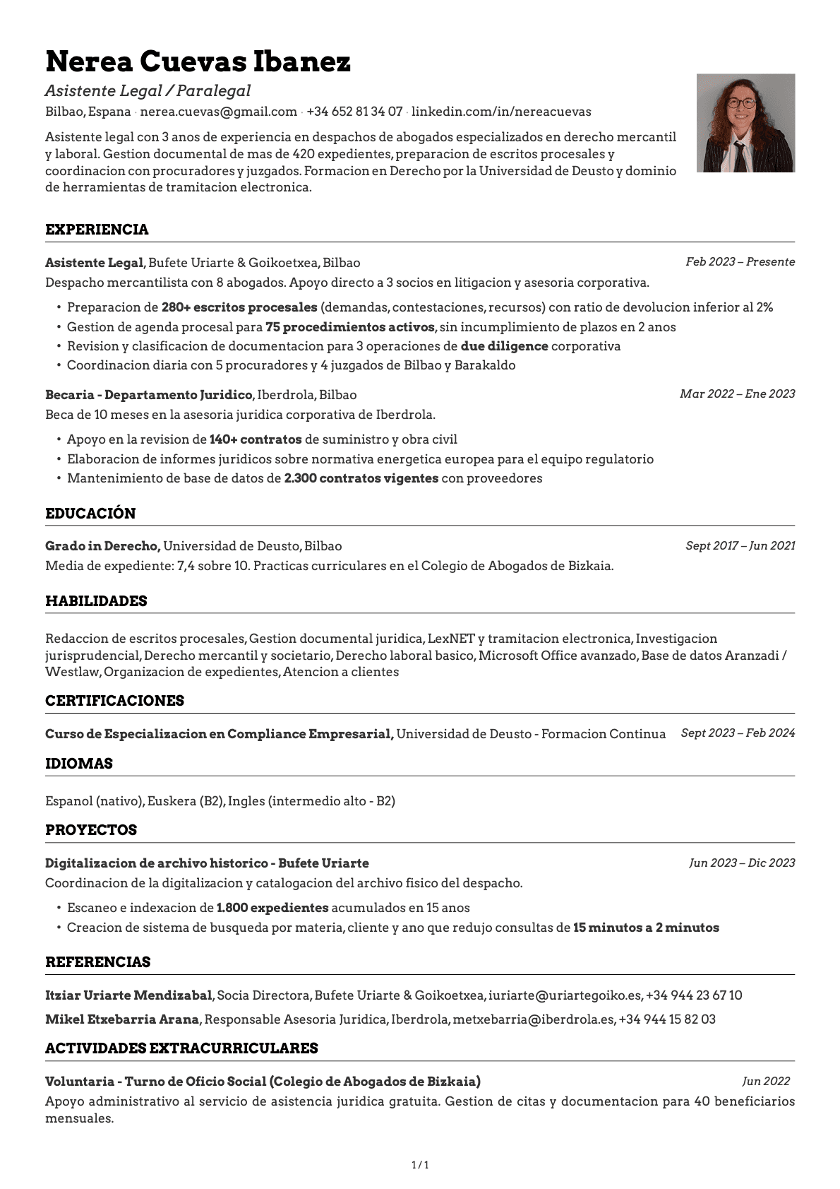Asistente Legal / Paralegal resume example
