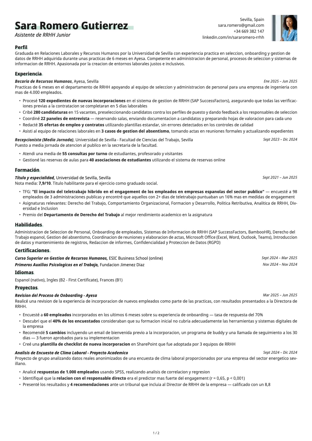 Asistente de RRHH Junior resume example