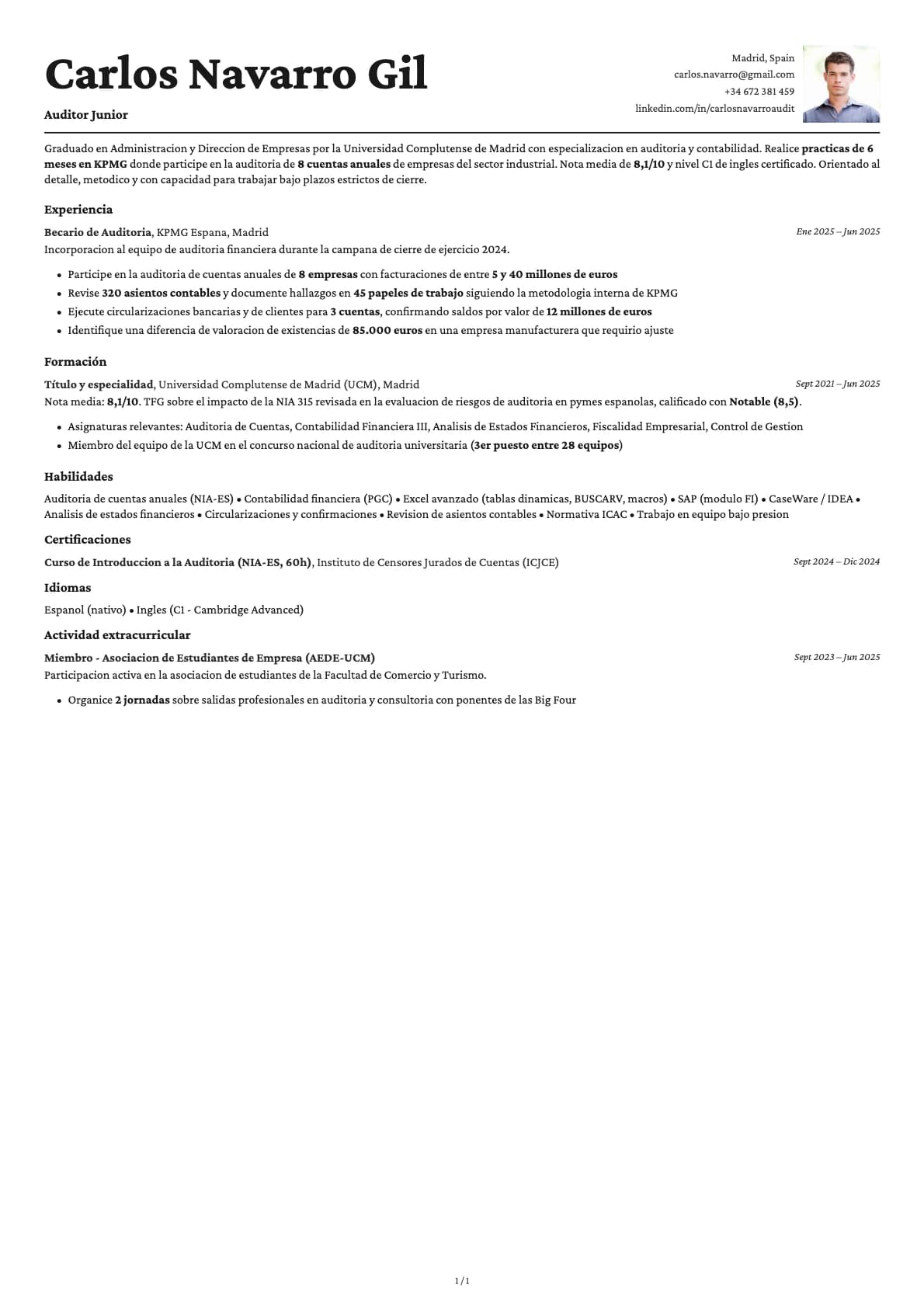 Auditor Junior resume example