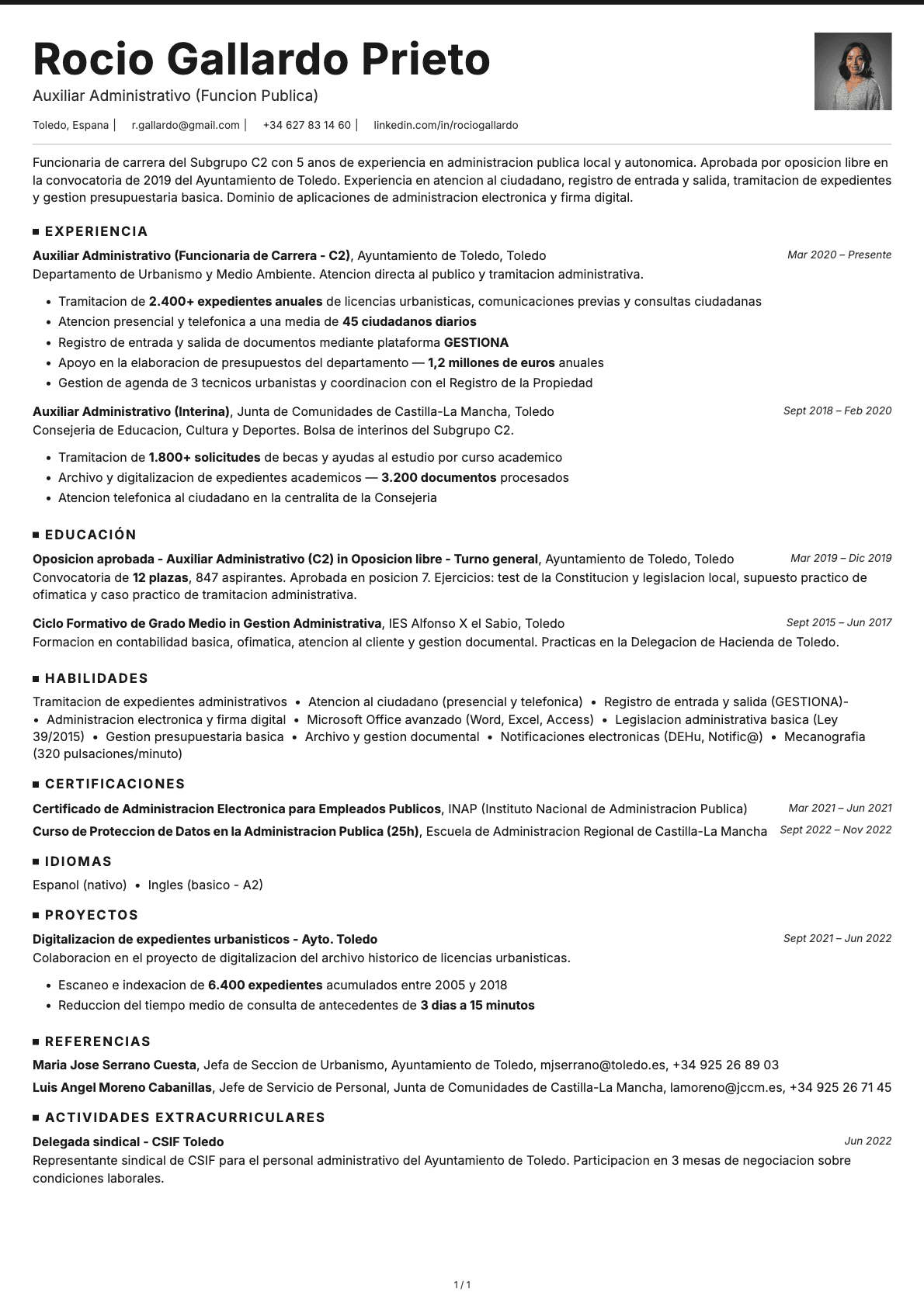 Auxiliar Administrativo (Función Pública) resume example