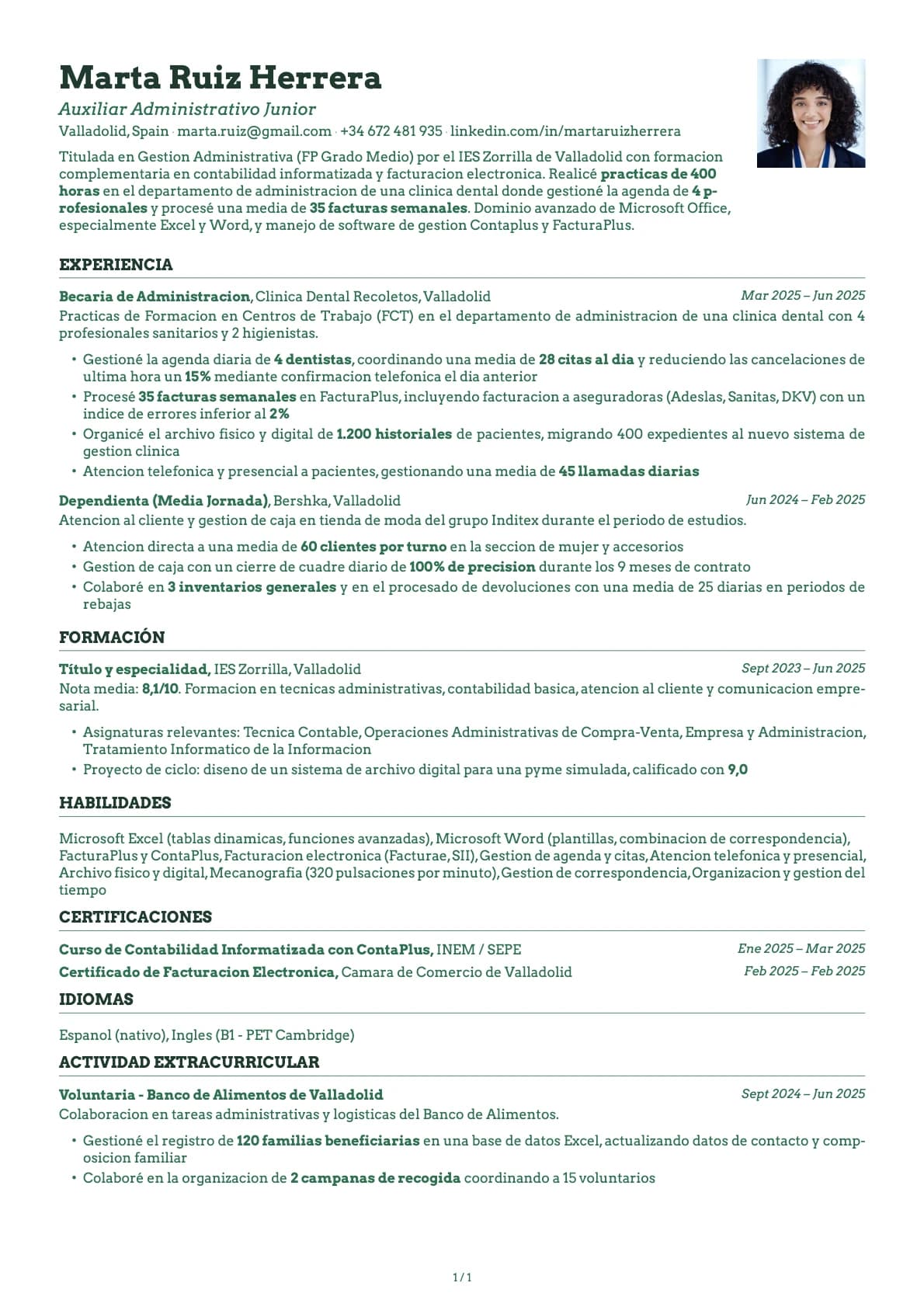 Auxiliar Administrativo Junior resume example