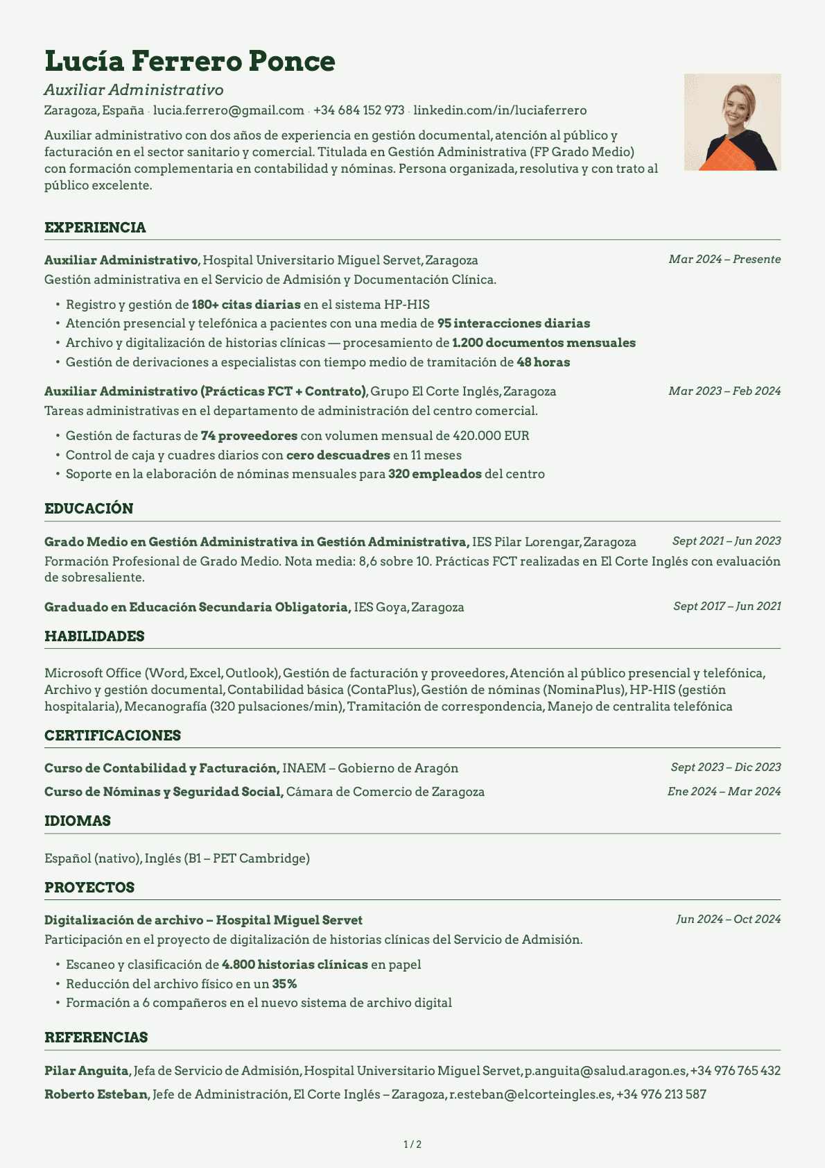 Auxiliar Administrativo resume example