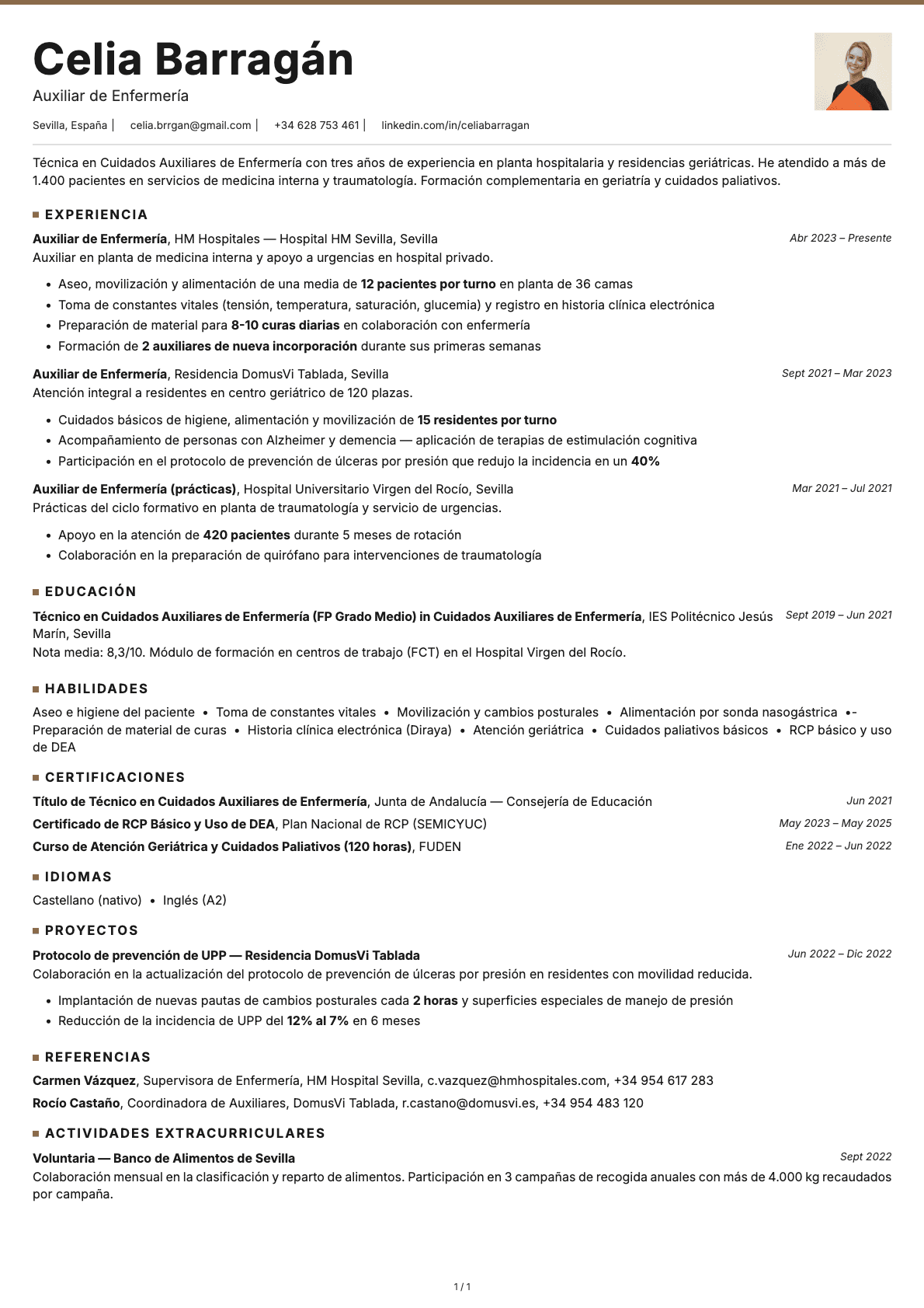 Auxiliar de Enfermería resume example