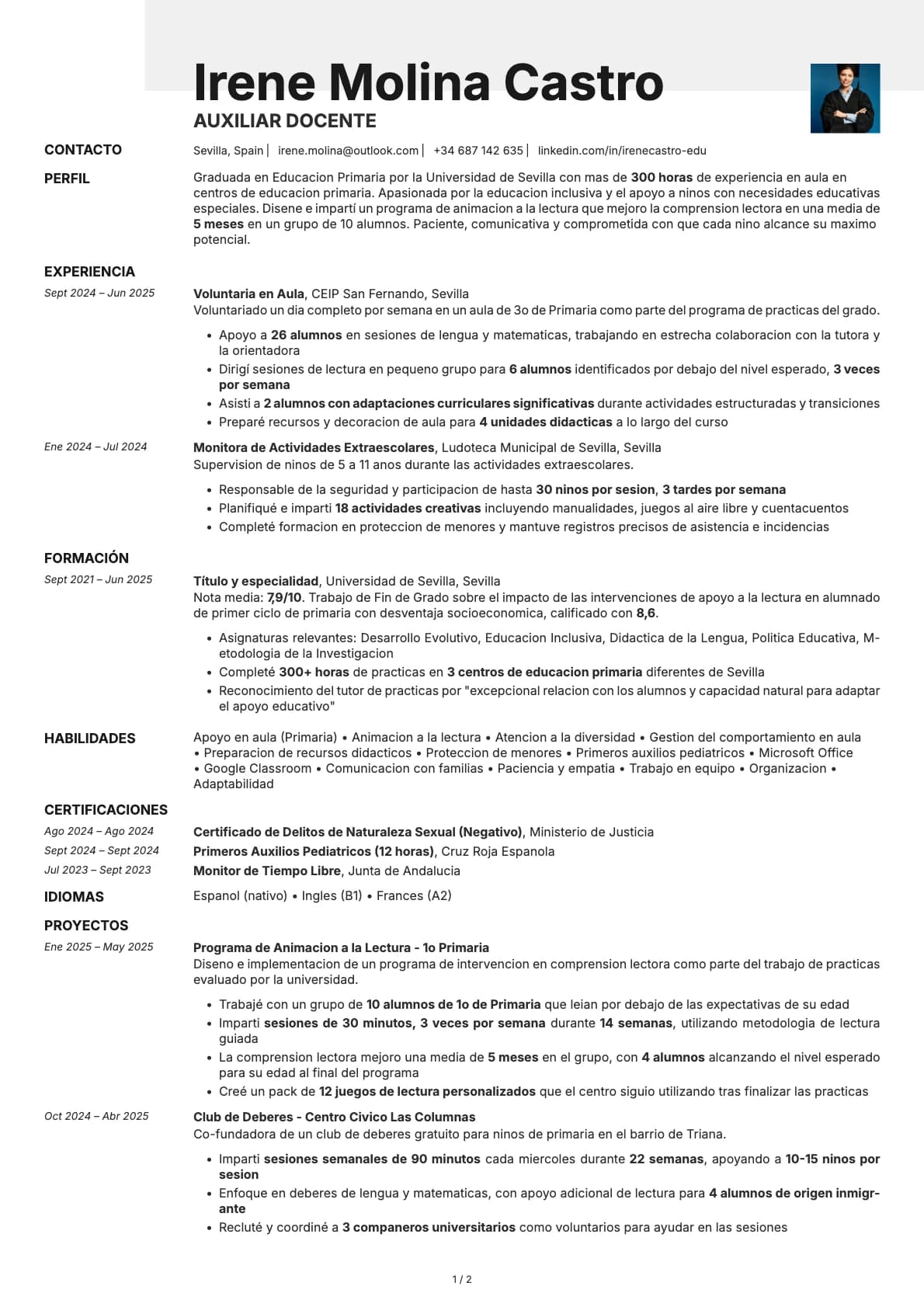 Auxiliar Docente resume example