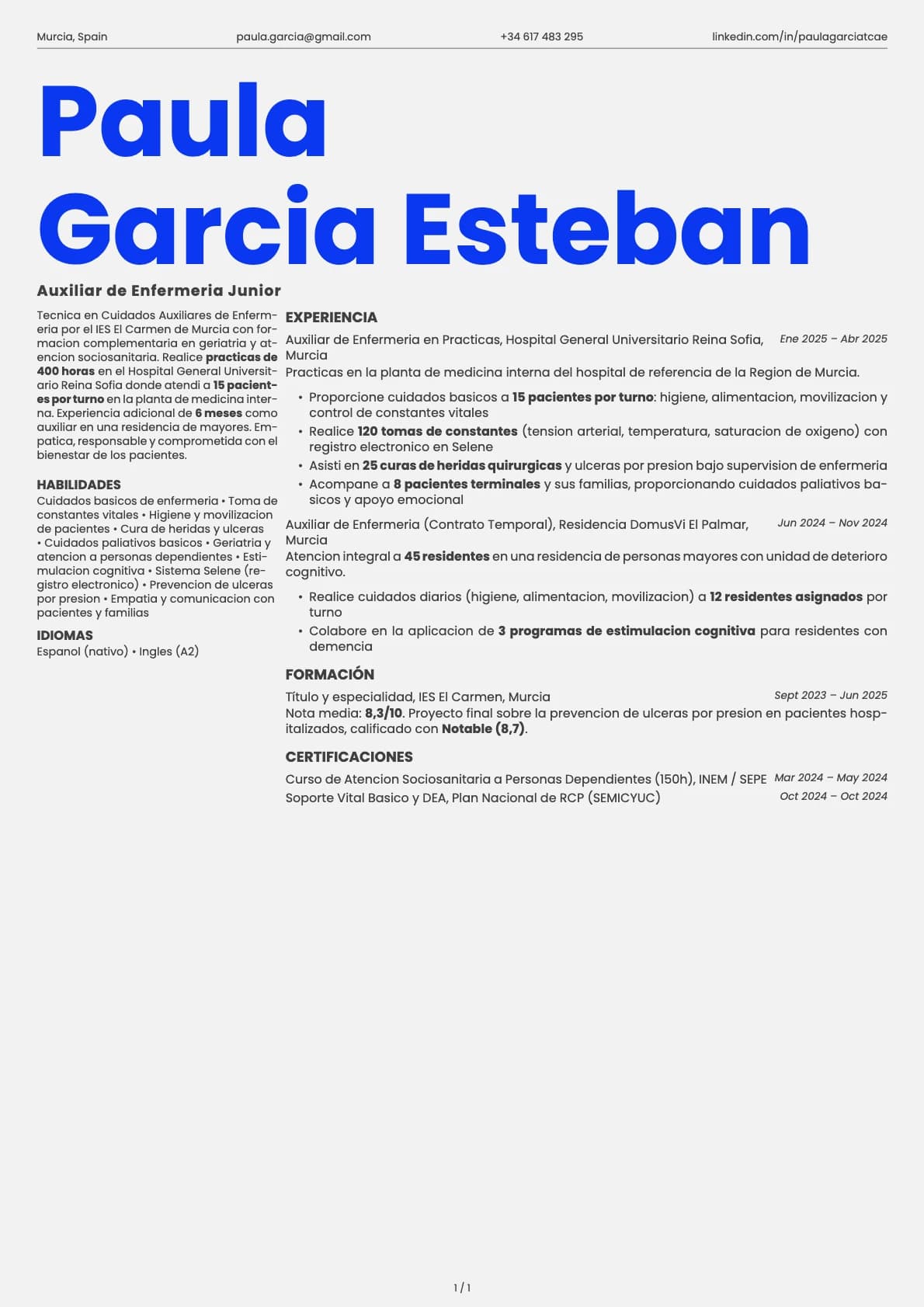 Auxiliar de Enfermeria Junior resume example