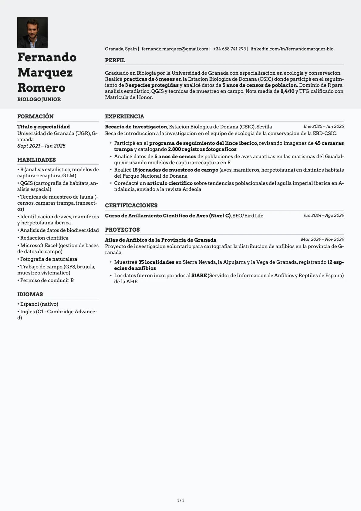 Biólogo Junior resume example
