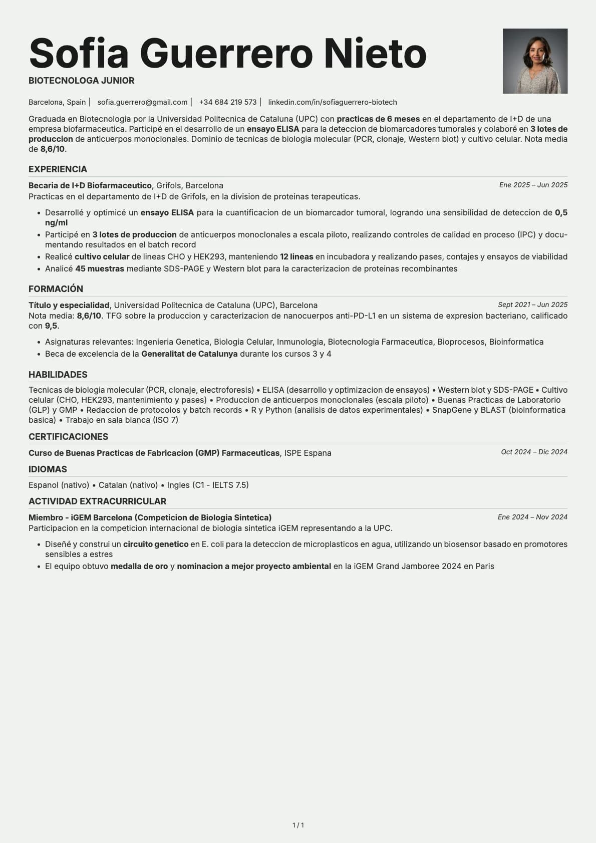 Biotecnólogo Junior resume example
