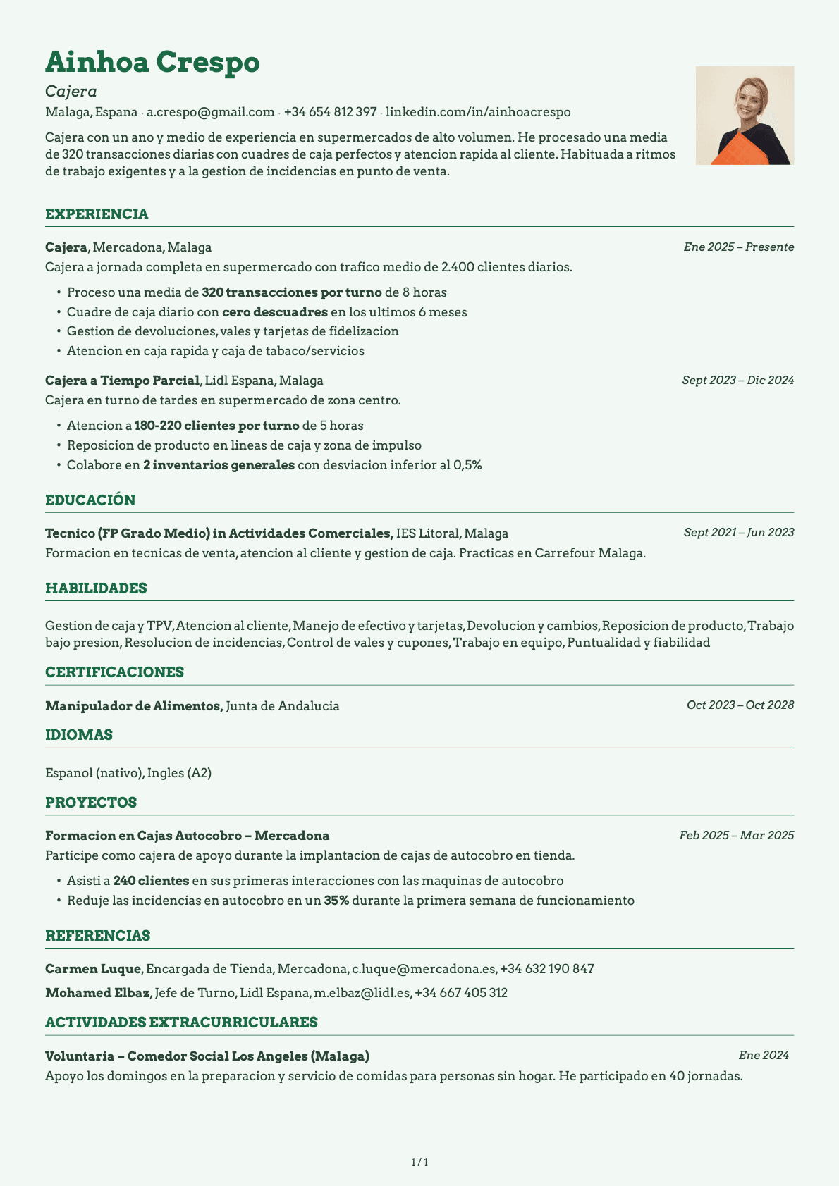 Cajero/a resume example