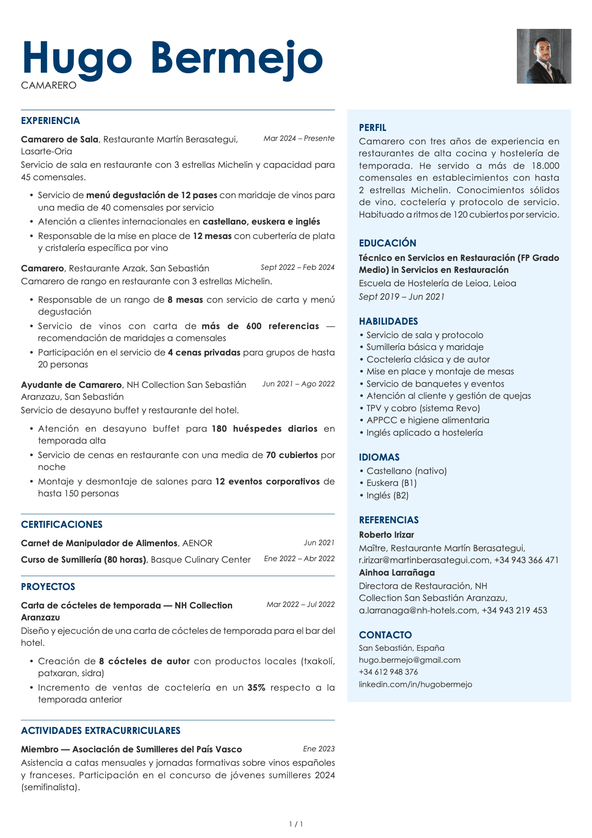 Camarero/a resume example