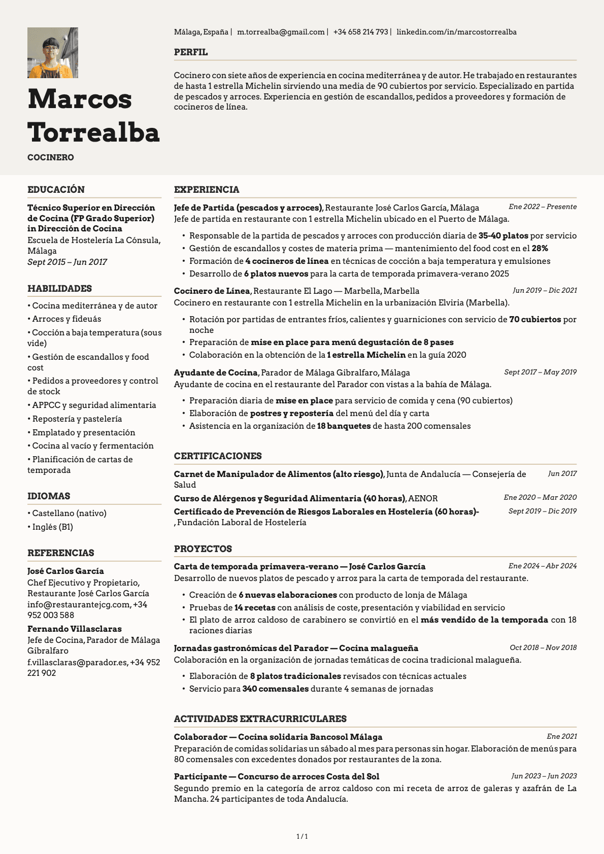 Cocinero/a resume example